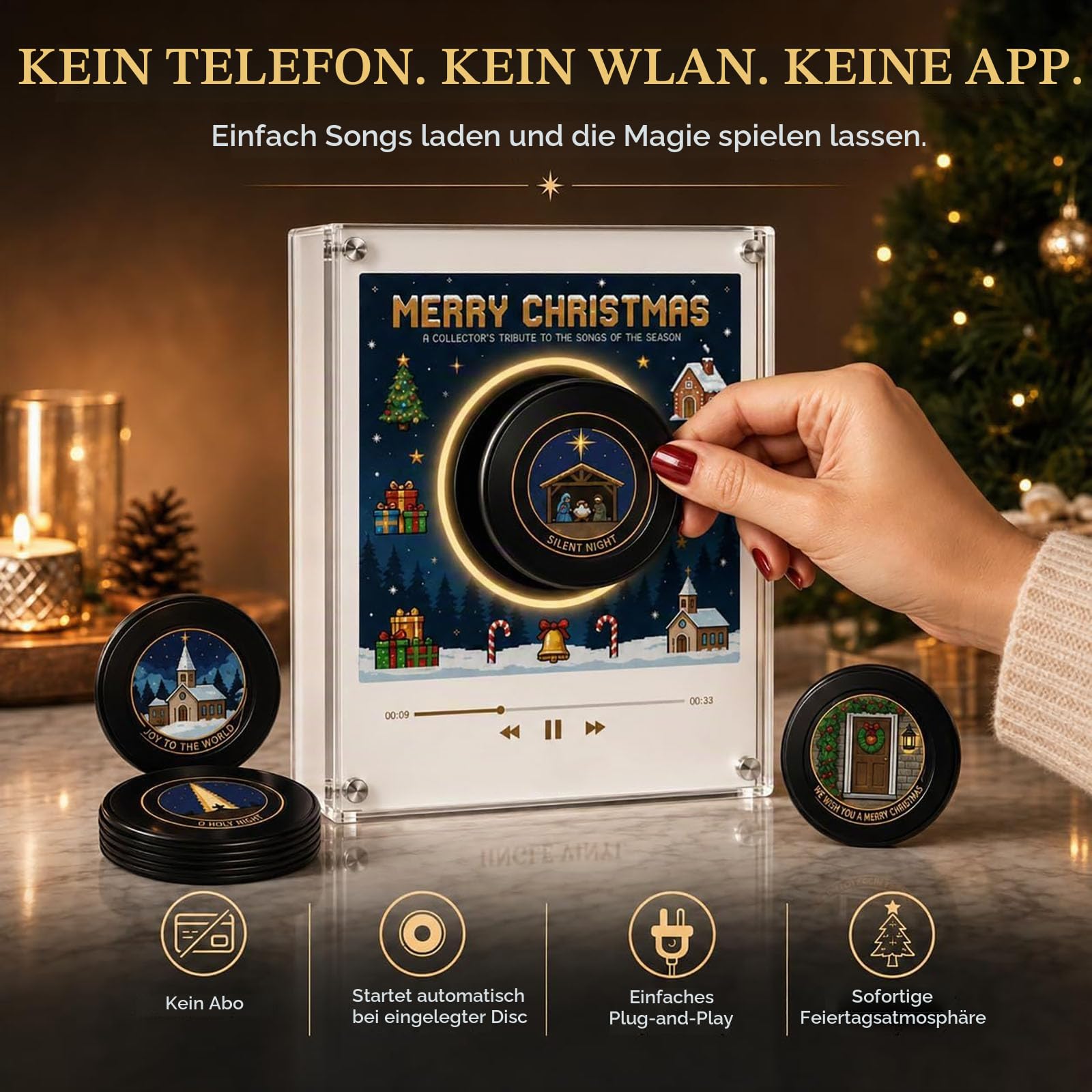 Magnetische Kühlschrank-Vinyl-Spieluhr Weihnachten, 9 Mini-Vinylscheiben