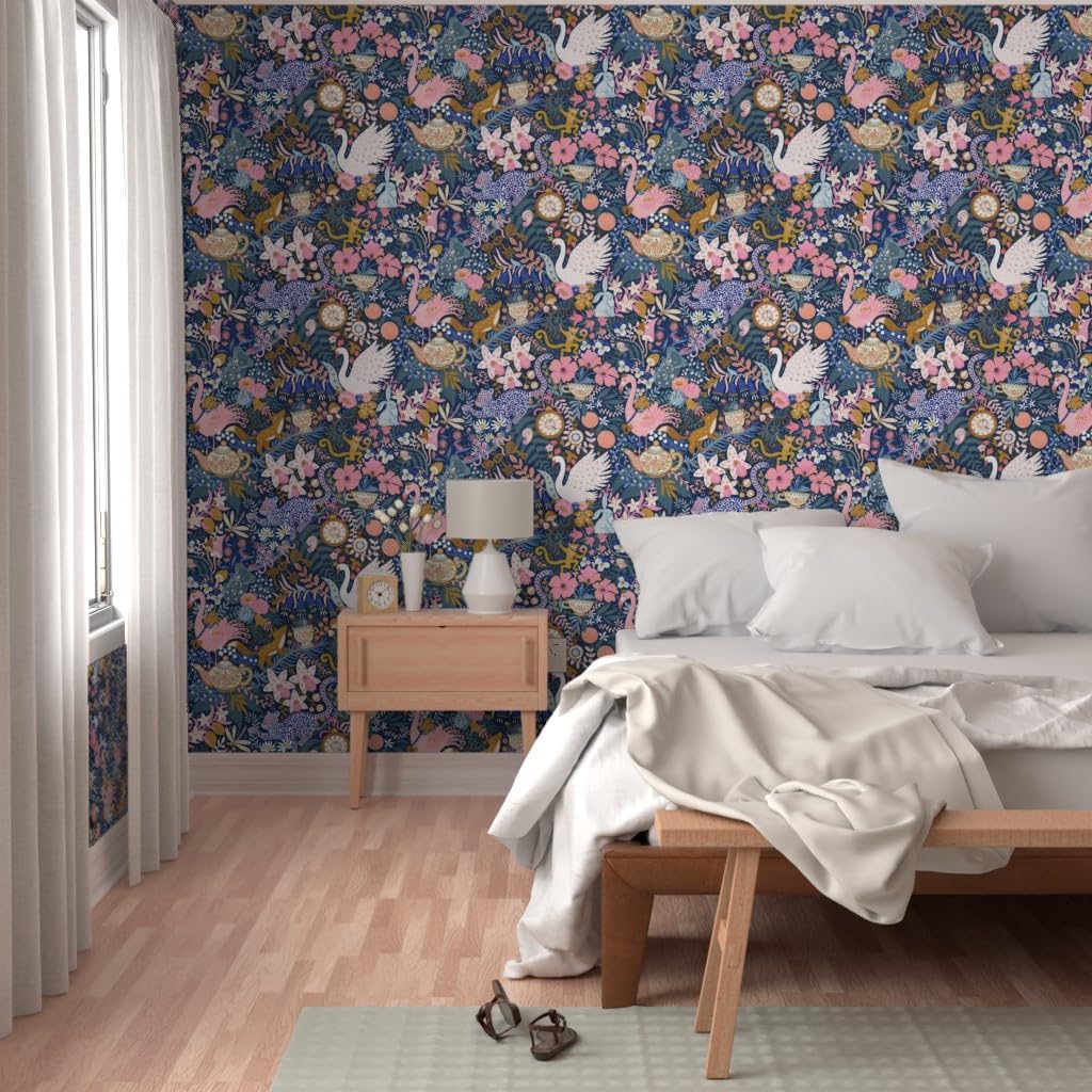 Peel & Stick Wallpaper Swatch - maximalist,Tea Party,Whimsical Chintz,Pink Purple Mustard,Swans and Flamingos Custom Removable Wallpaper by Spoonflower
