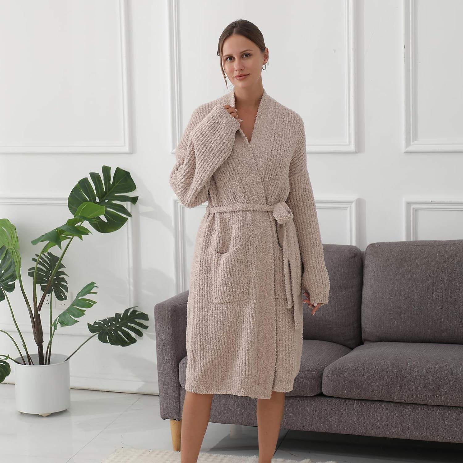 bearberry Cozy Robe Lightweight Soft Plush Robe Vertical Bar Hoodless Sleepwear Nightgown with Pockets for Women - Image 7