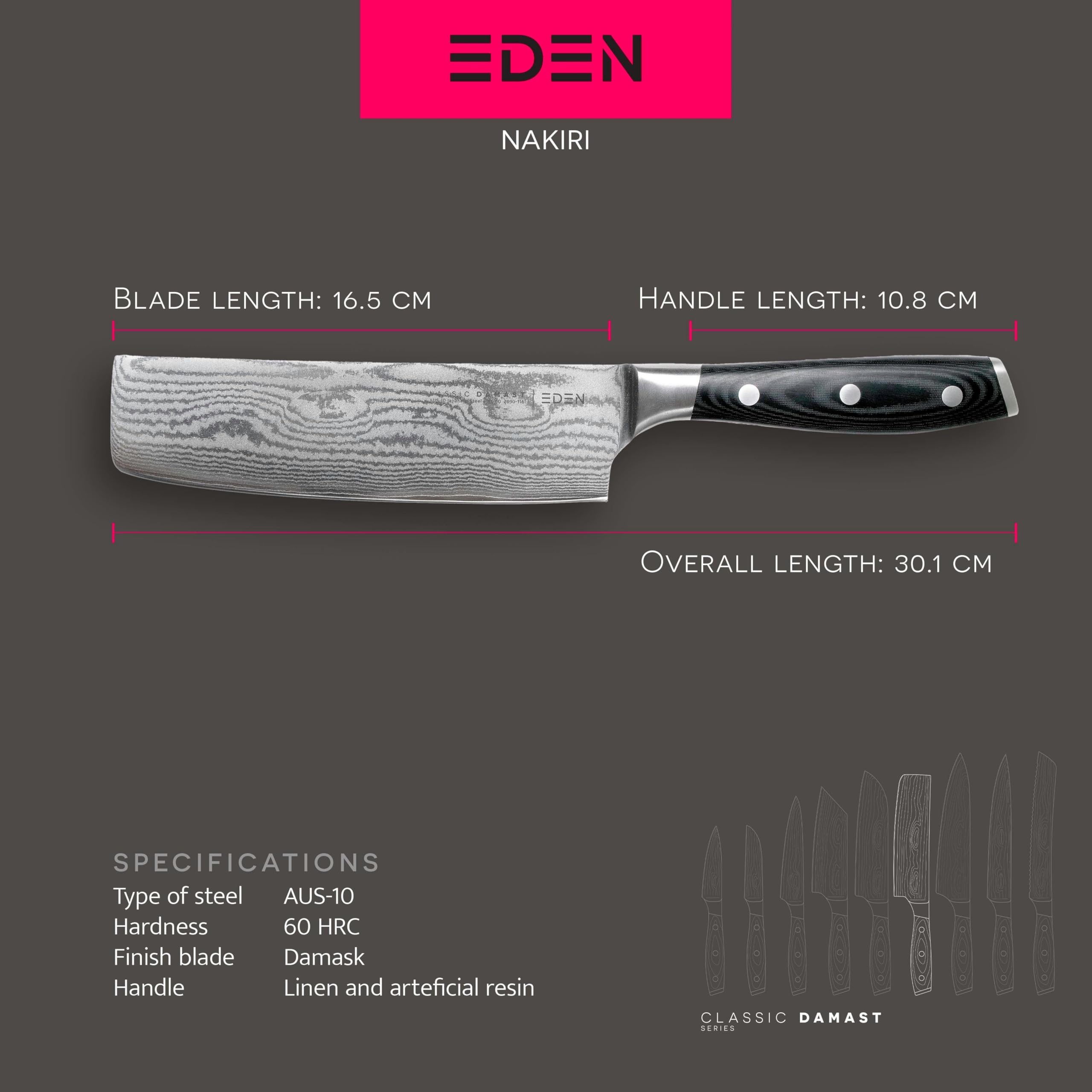 Eden Classic Damast Nakiri 16,5 cm Küchenmesser EQ2030-116 Japanisches Küchenmesser für Gemüse, Damaststahl