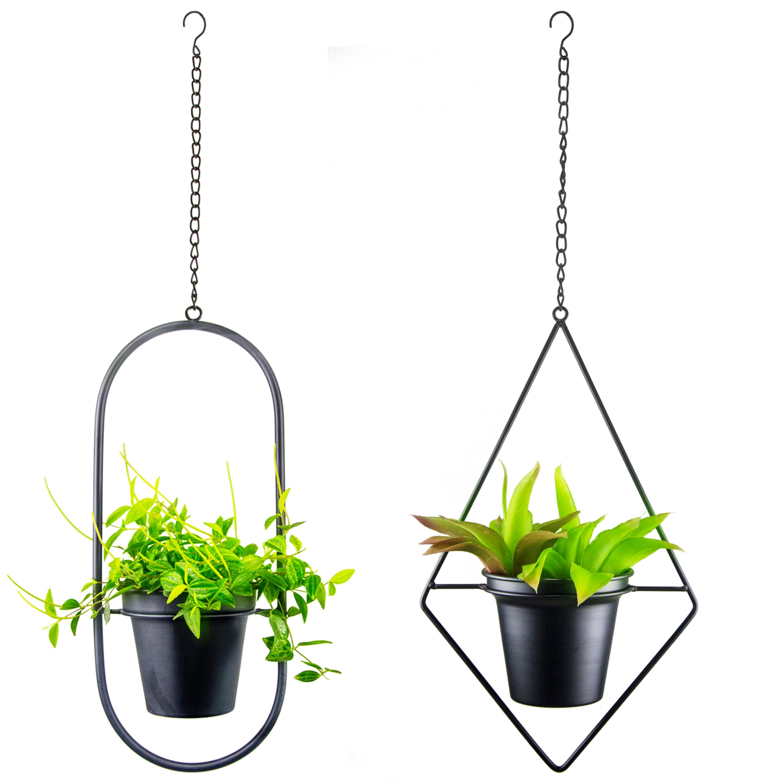 Modern Hanging Planters for Indoor Plants, Metal Plant Hanger with 5 inch Flower Pot, Set of 2 Black Plant Holder in Diamond and Oval Shape, Small