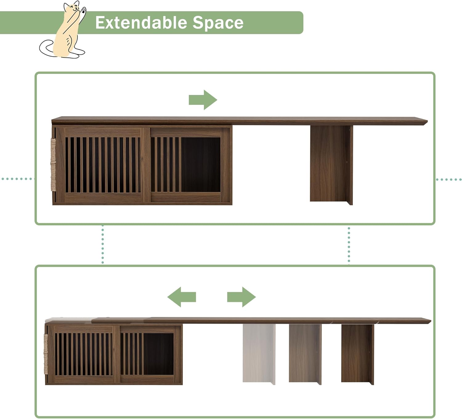 TV Stand with Cat Litter Box, 2 in 1 Cat Furniture and TV Entertainment Center with Extendable Table (Up to 85") Soft Cushion, Media Console Litter Box Enclosure for Living Room, Walnut