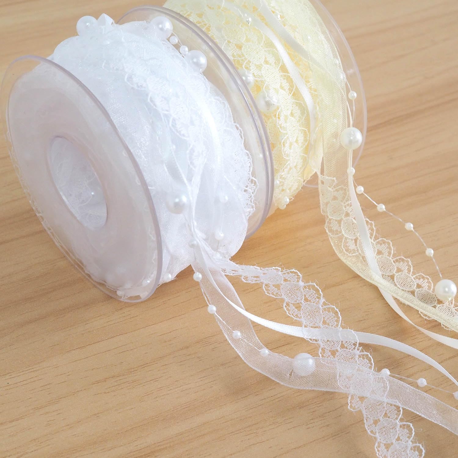 5M /5.5 Yard 4-in-1 Pearl String Satin Ribbon Lace Organza for Wedding Flower Christmas Tree Decoration Sewing Craft Packaging (White)