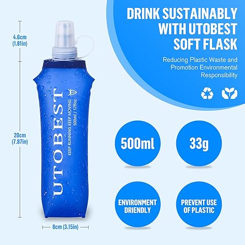 Miniatura 3 de UTOBEST Soft Flask, paquete de 2 botellas suaves para correr, 16.9 fl oz, botella plegable de TPU, botella plegable portátil de mano para viajes,