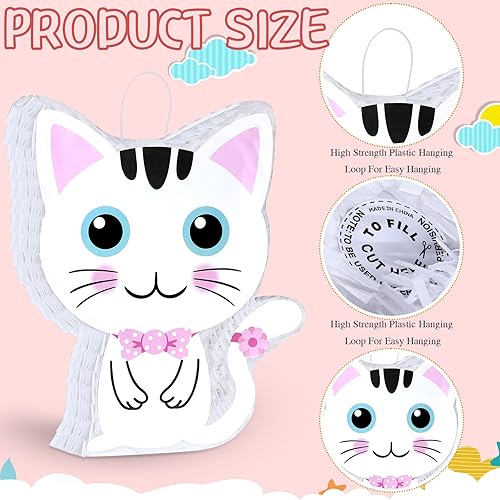 Miniatura 3 de Aoriher Piñata de gato con venda y murciélago, suministros para fiesta de cumpleaños de gatos, piñatas de gatito rosa y blanco para decoraciones de