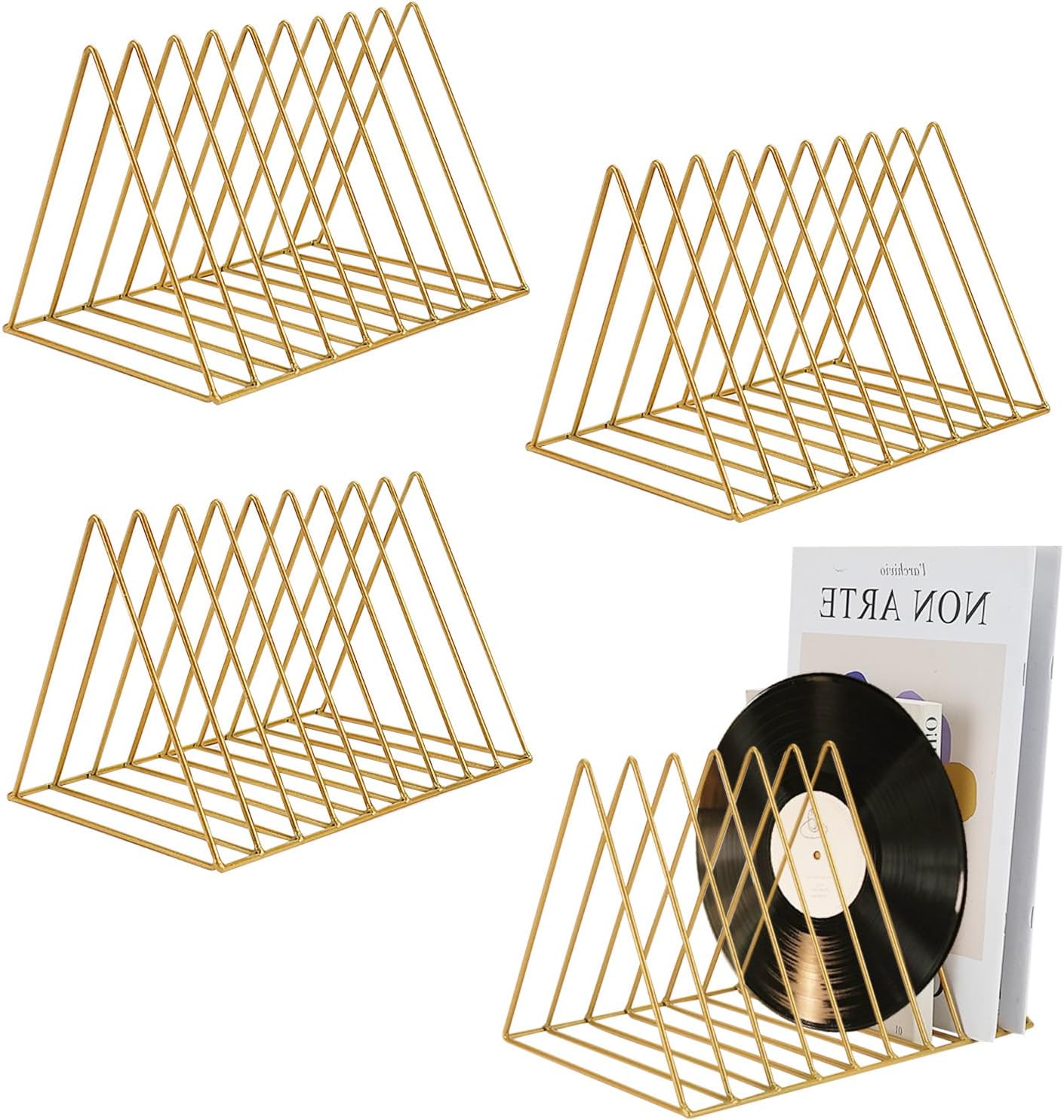 4 Pack Record Magazine Holder Triangle File Organizer 9 Slot Vinyl Display Storage Racks Metal Book Album Newspaper Sorter Desktop Bookshelf Art Decor for Home Office (Gold)