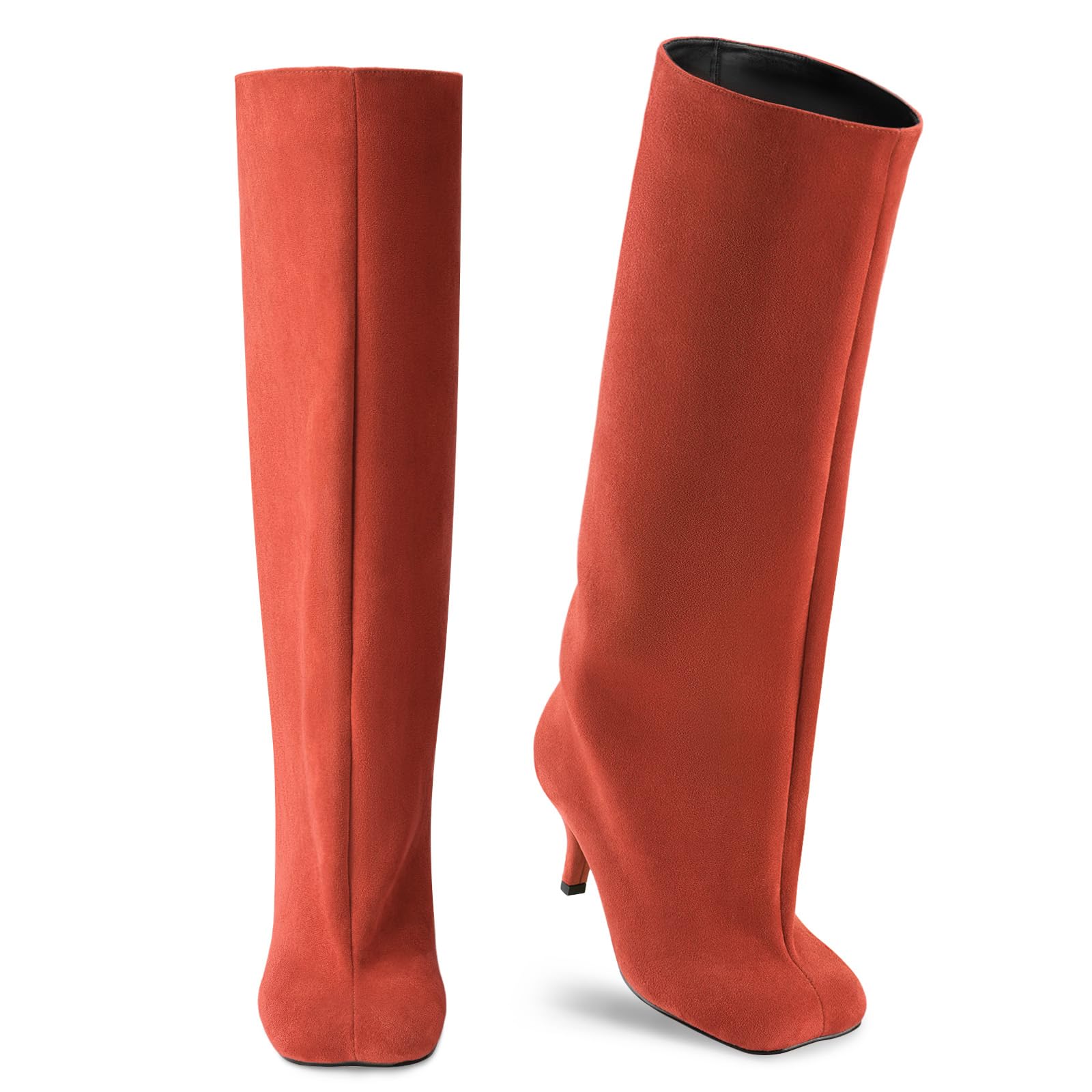 Oh Mispares Women's Nude Suede Knee High Boots - Square Toe Wide Calf Stiletto Low Heels - Fashionable Kitten Heel Pull-On Tall Winter Boots for