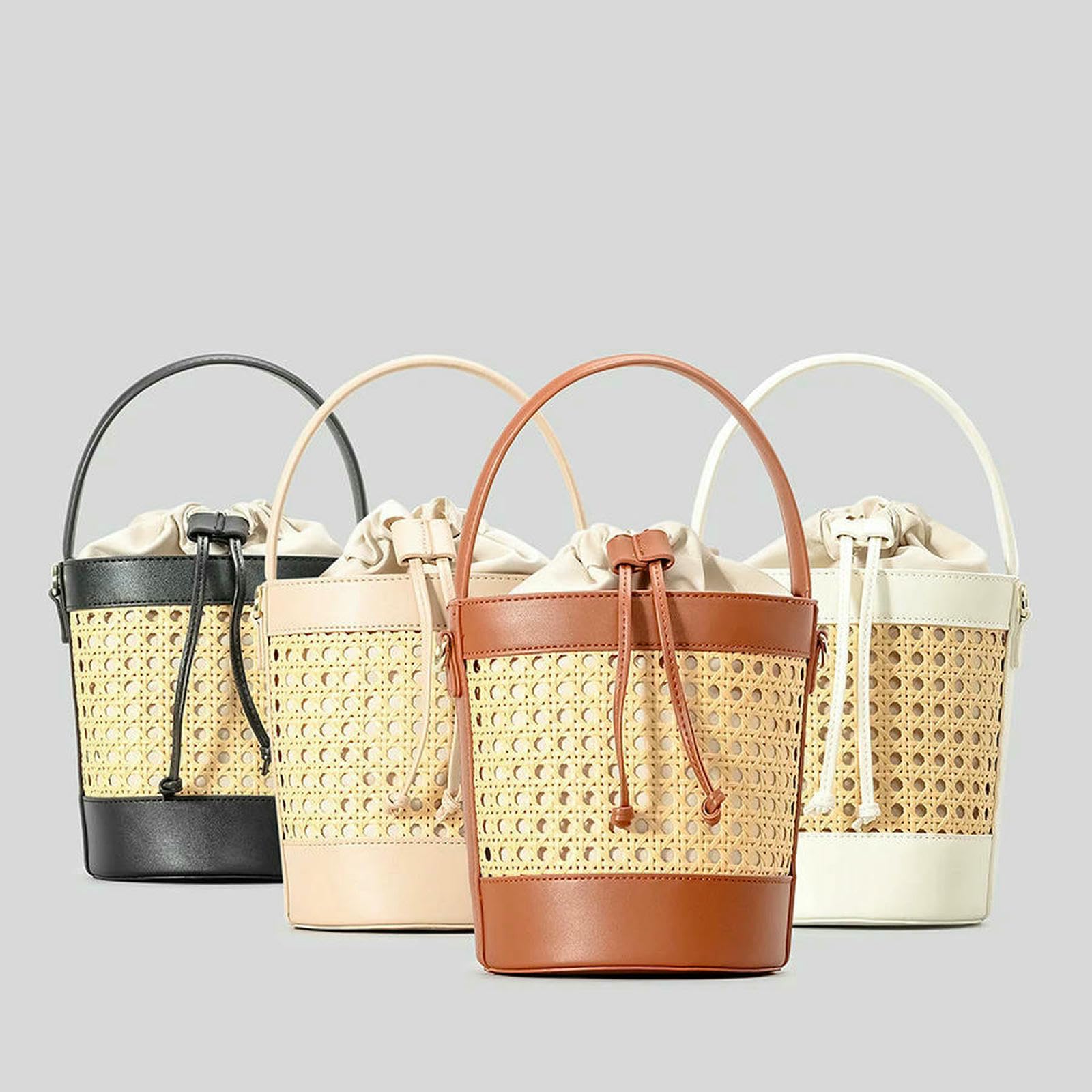 Strohtaschen Damen Shopper Fashion Hollow Eimer Bag Wicker Woven Women Handtaschen Luxus Pu Leder Schulter -Crossbody -Taschen Sommer Beach Bag-braun