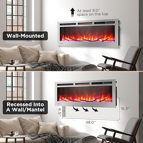 Miniatura 4 de TURBRO Chimenea eléctrica inteligente WiFi de acero inoxidable de 50 pulgadas con sonido crujiente, llama realista, calentador de cuarzo de 1500 W,