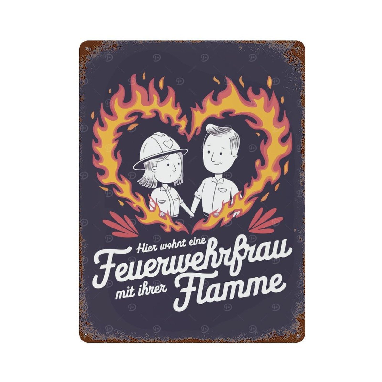 Firefighter Couple Illustration Rusty Metal Tin Sign 15.7"x11.8", for Pub, Kitchen And Man Cave Decor, Farmhouse Wall Decor