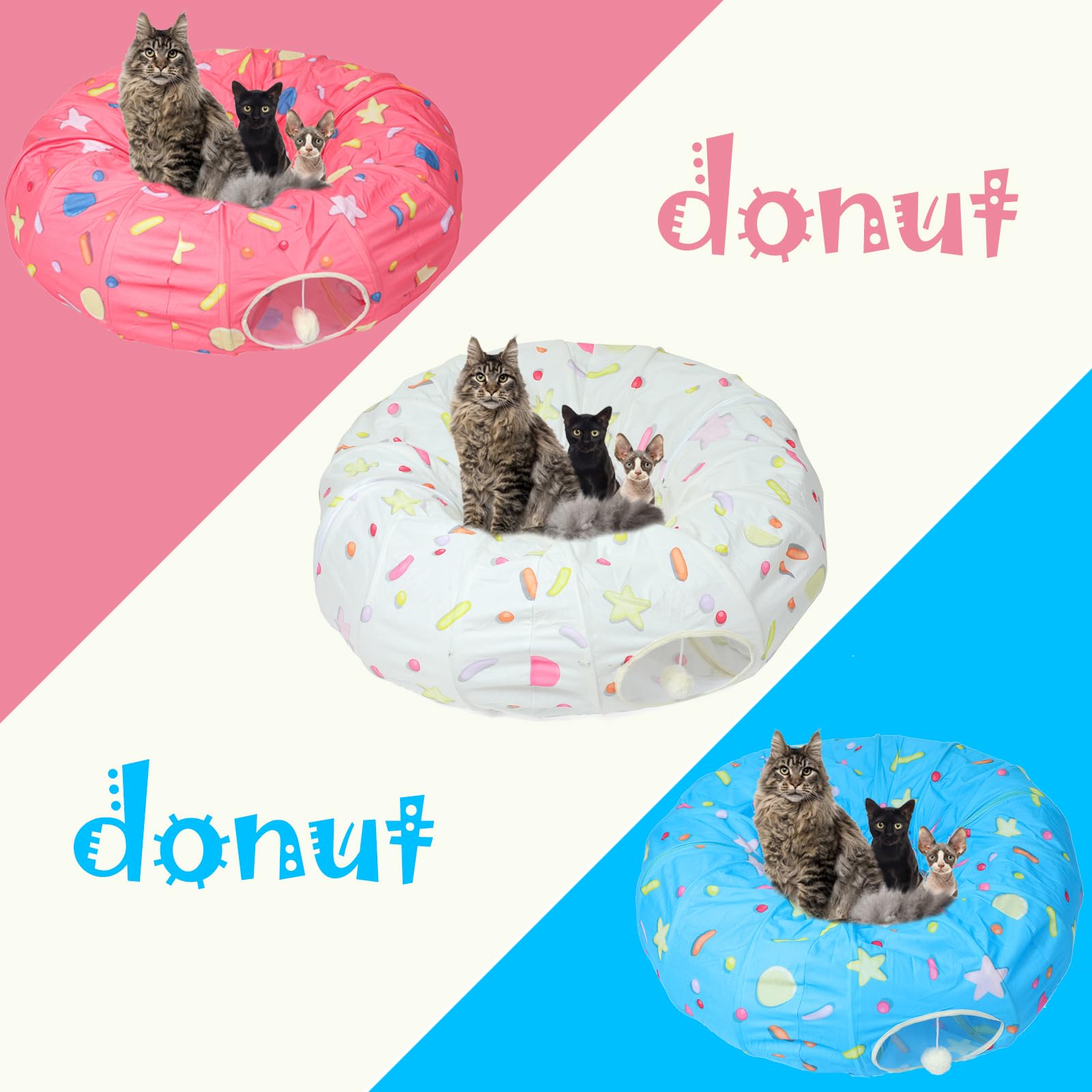 Túnel grande para gatos, cama de túnel para gatos grandes, bolas de juguete esponjosas, cojín pequeño y diseño flexible, 12 pulgadas de diámetro, ideal para gatos y perros pequeños, color