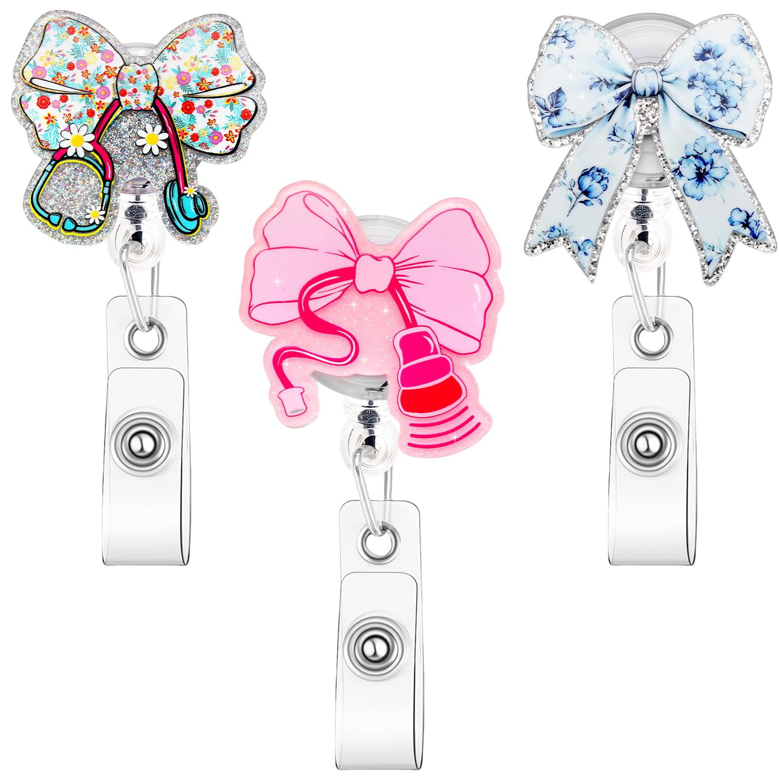 Zkptops 3Pcs Funny Badge Reel for Nurses Hospital Nurse Doctors ID Holder Cute Floral Bow Designs Retractable Cord 360 Clip Durable Acrylic Medical Card Holder Accessories for Nursing Student Gift