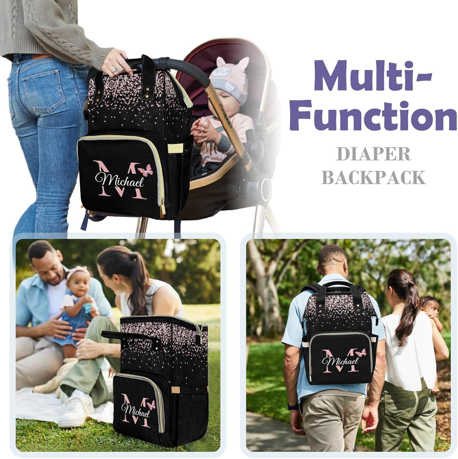 Custom Diaper Bag for Girl Boy,Personalized Baby Diaper Bag for Mom with Name,Waterproof Durable Daypack Bag