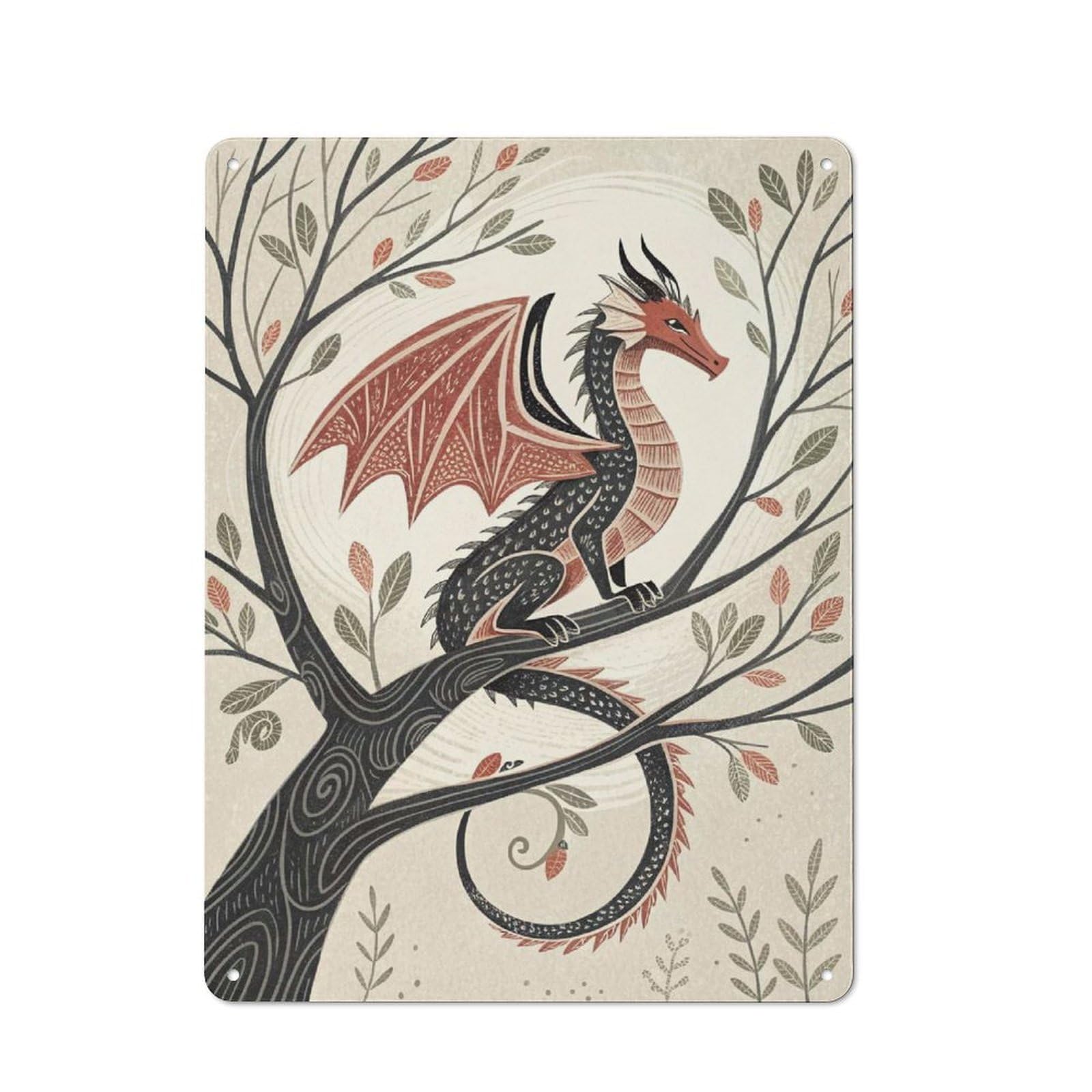 Junmoney Style-22 Dragon Perched On A Tree Branch Printed Metal Sign 40X30cm For Café Or Home Bar, For Kitchen And Home Bar Decor, For Cafés, Pubs And Restaurants