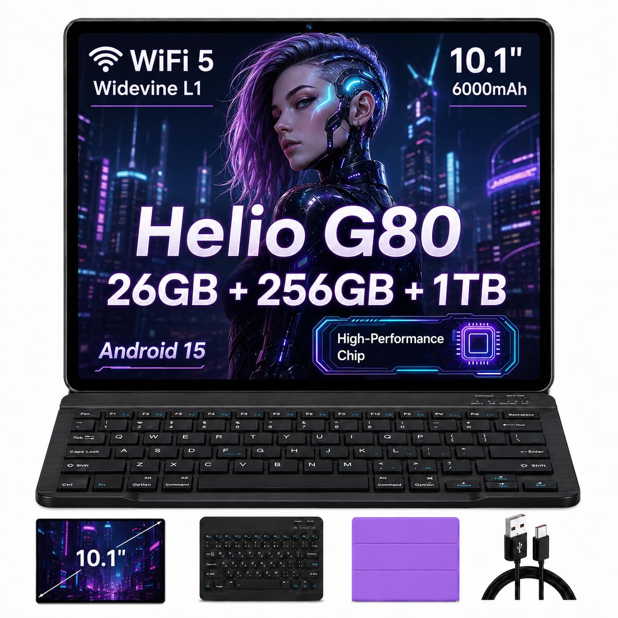 Tablet Android 15 da 10 pollici con tastiera mouse, 16 GB RAM 512 GB ROM, Octa-Core, 4G LTE Dual SIM WiFi, batteria 8000 mAh, GPS, 2 in 1 Tablet PC Bundle con custodia per lavoro, studio, gioco