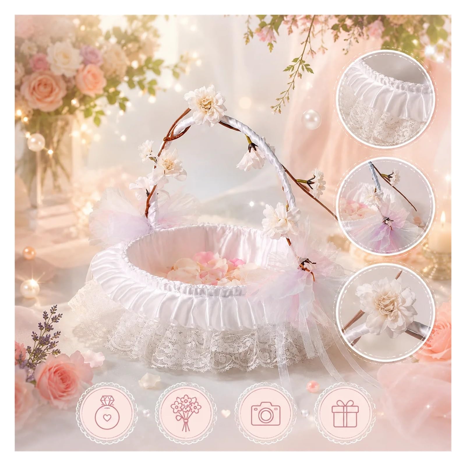 Blumenkörbchen Hochzeit Weißer Satin-Blumenkorb mit Kirschblütenzweig-Dekor