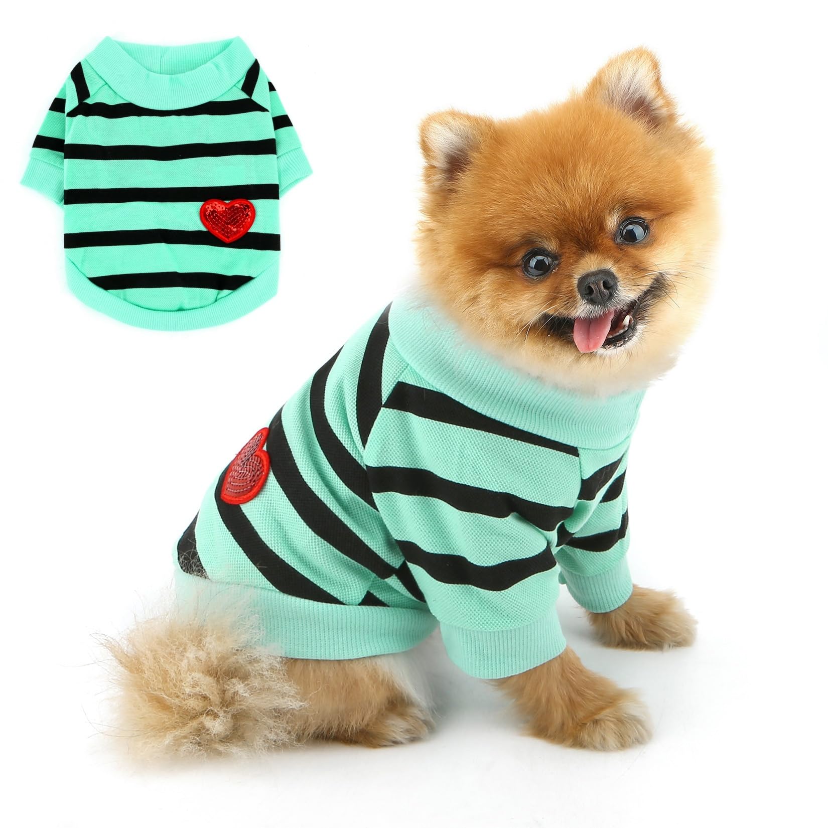 PAIDEFUL Striped Dog Shirt for Small Dogs, Soft Cotton Jersey Puppy T-Shirt with Sequins Heart, Breathable Short Sleeve Summer Pet Vest for Chihuahua Yorkie Cats,Mint,L