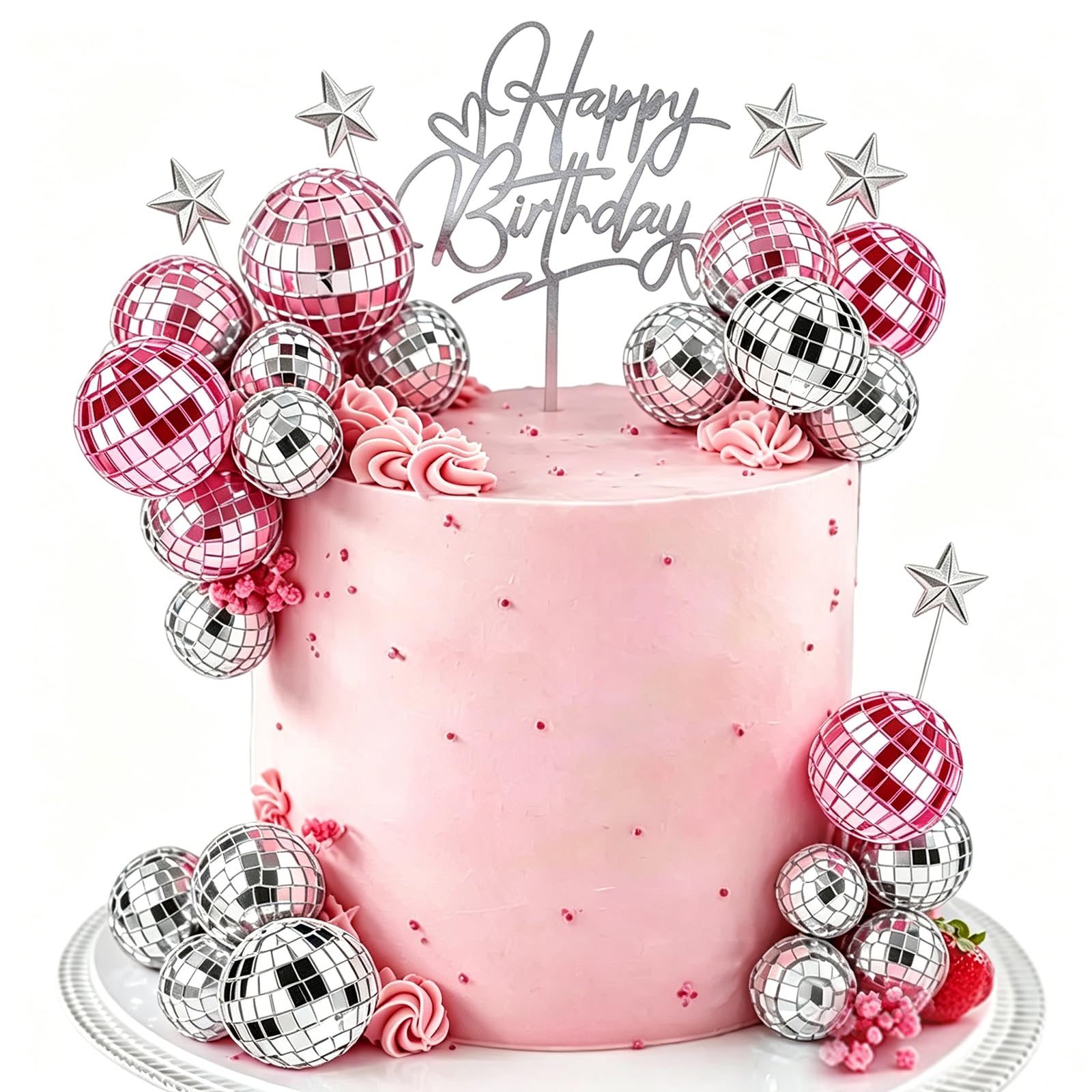 30Pcs Disco Ball Cake Topper Decorations Pink Silver Cake Balls Toppers 70s Retro Cake Decorations with Stick Shiny Mini Disco Ball Picks Disco Party Supplies for Dessert Birthday Decor Ornament