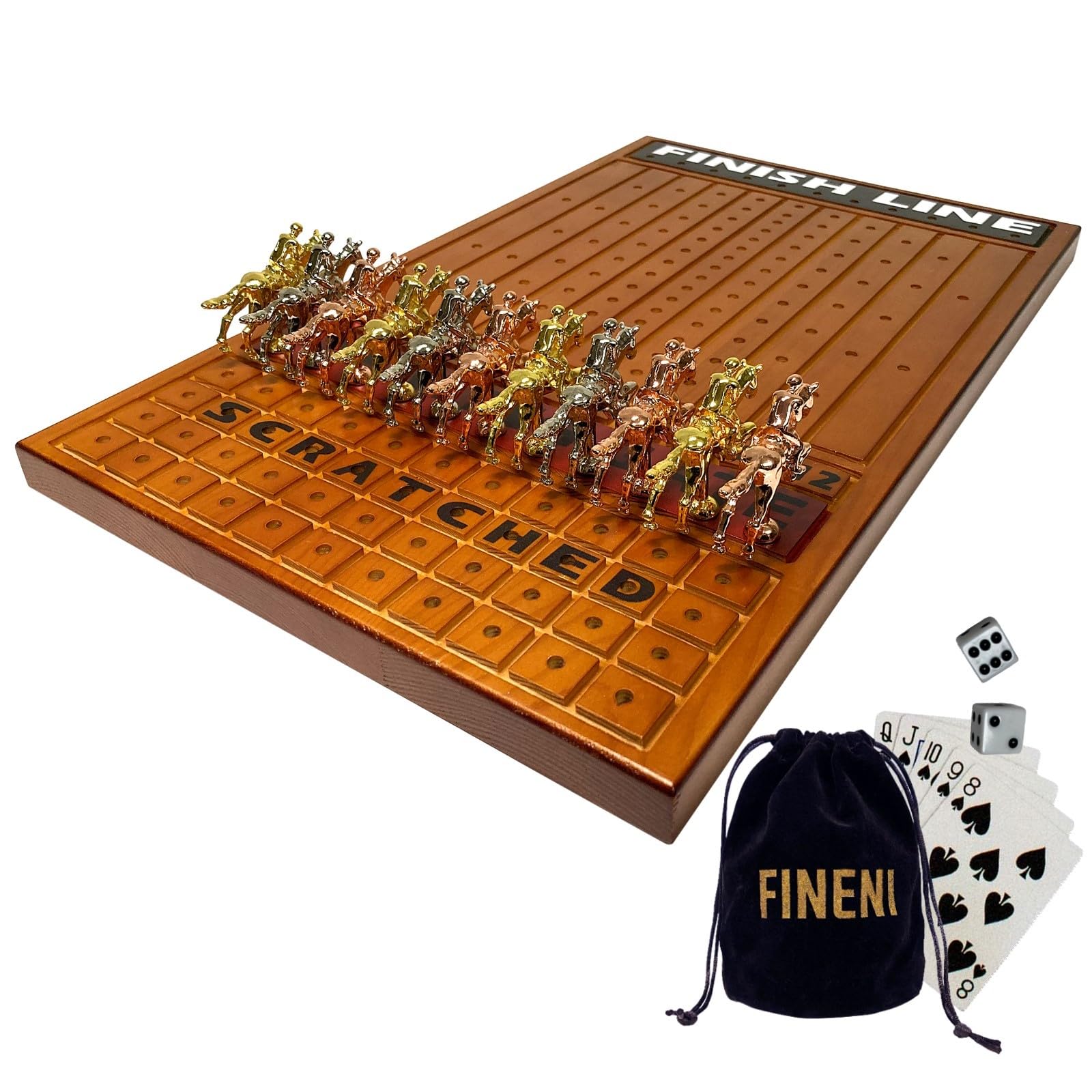 FINENI Horse Racing Game for Adults - 11 Luxurious Metal Horses (Silver, Black, Rose Gold), 16" Dark Pine Wood Race Board, Dice & Card Included (Dark