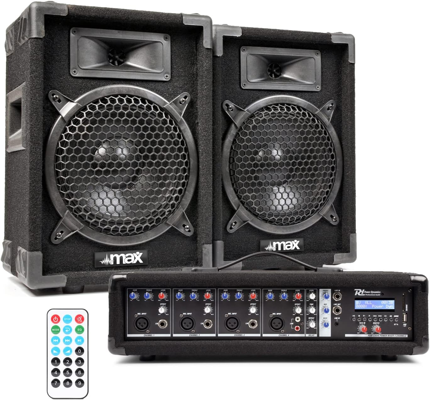 MAX8 8" Passive DJ PA Speaker System with Vonyx Amplifier, 2 Speaker Stands & 2x 6m Cables – Complete 800W DJ Speaker Kit for Events, Parties, Karaoke, Live Sound, Home Use