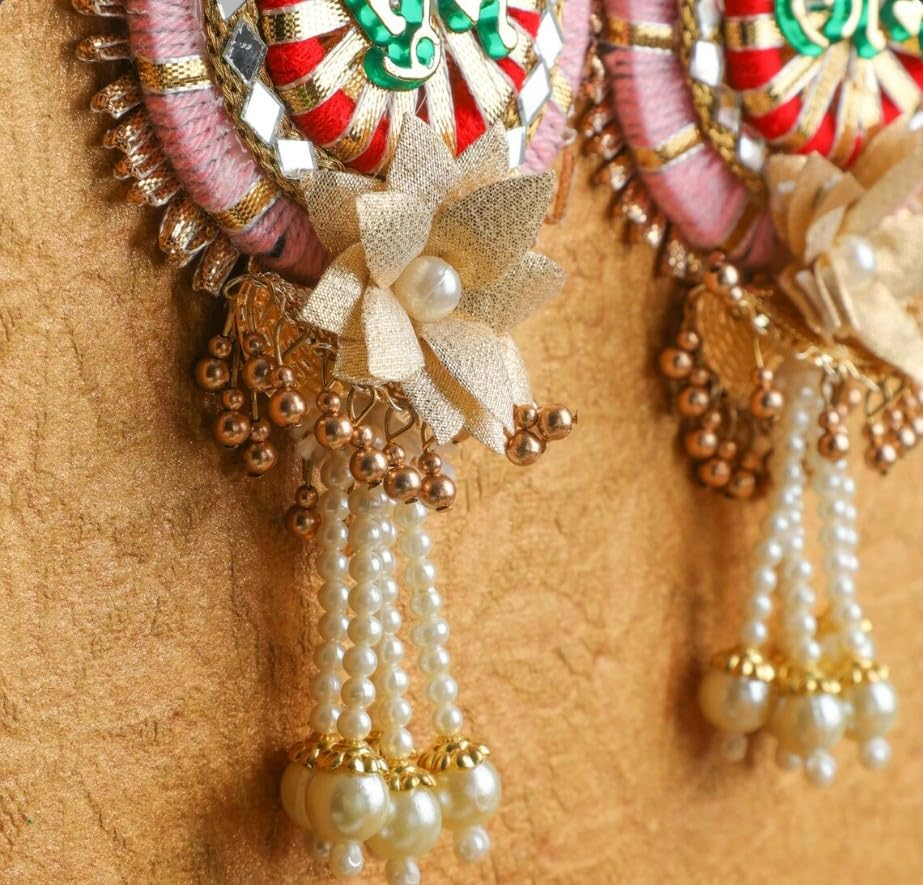 Image of Handmade Shubh Labh Wall Hanging with Kundan, Gota & Pearl Detailing - Elegant Home Decor for Diwali, Navratri, Weddings, Housewarming & Puja Favors