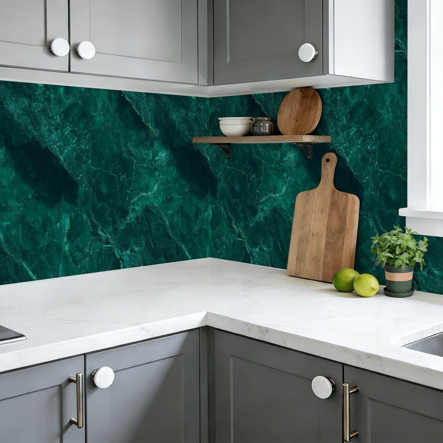 Rivestimento autoadesivo per mensole e armadi, effetto marmo, colore verde scuro, 45 cm x 3 m, carta da parati autoadesiva per armadi da cucina e cassetti