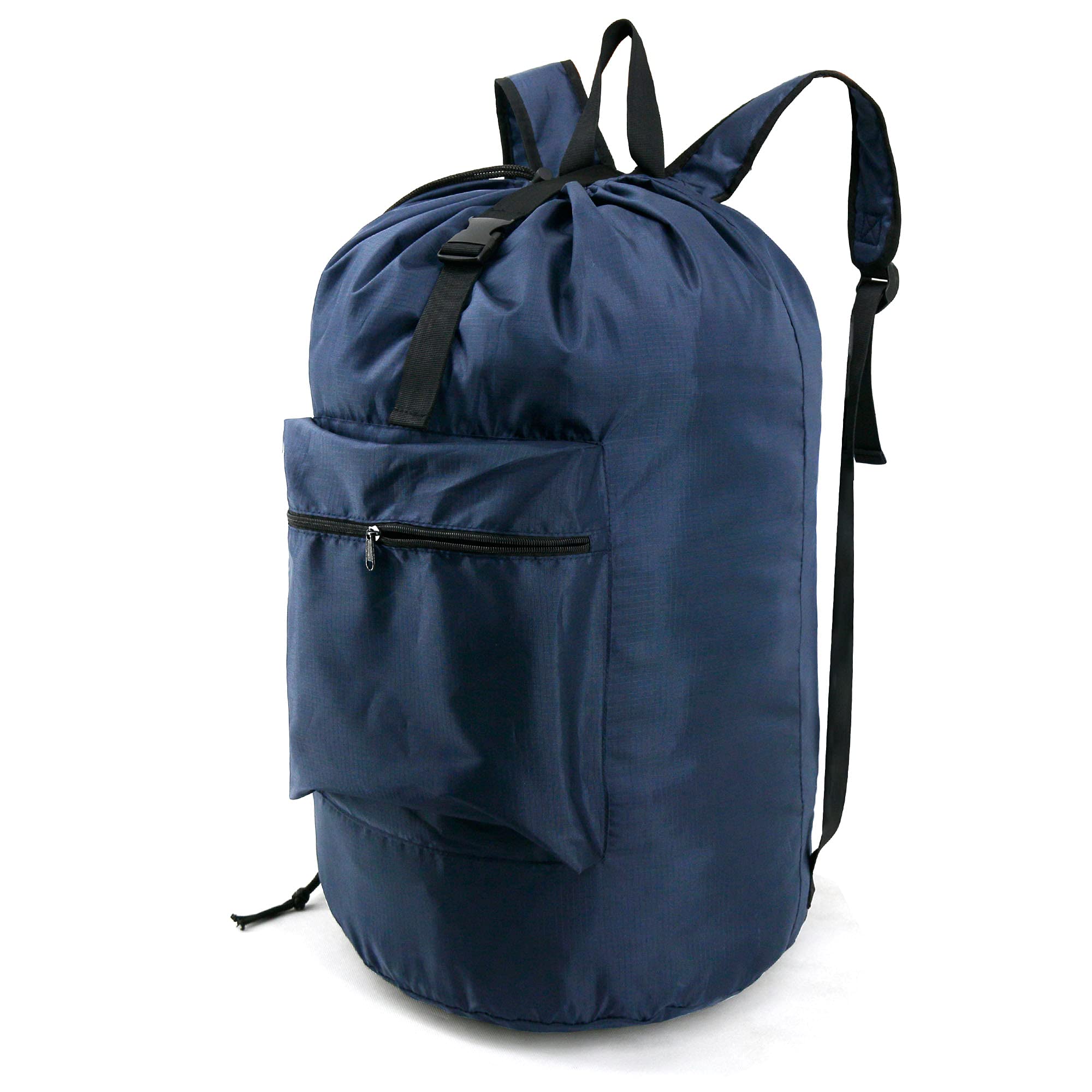 BeeGreen Mochila de lavandería extra grande y resistente, azul oscuro, 16 x 32 pulgadas, con bolsillo frontal con cremallera