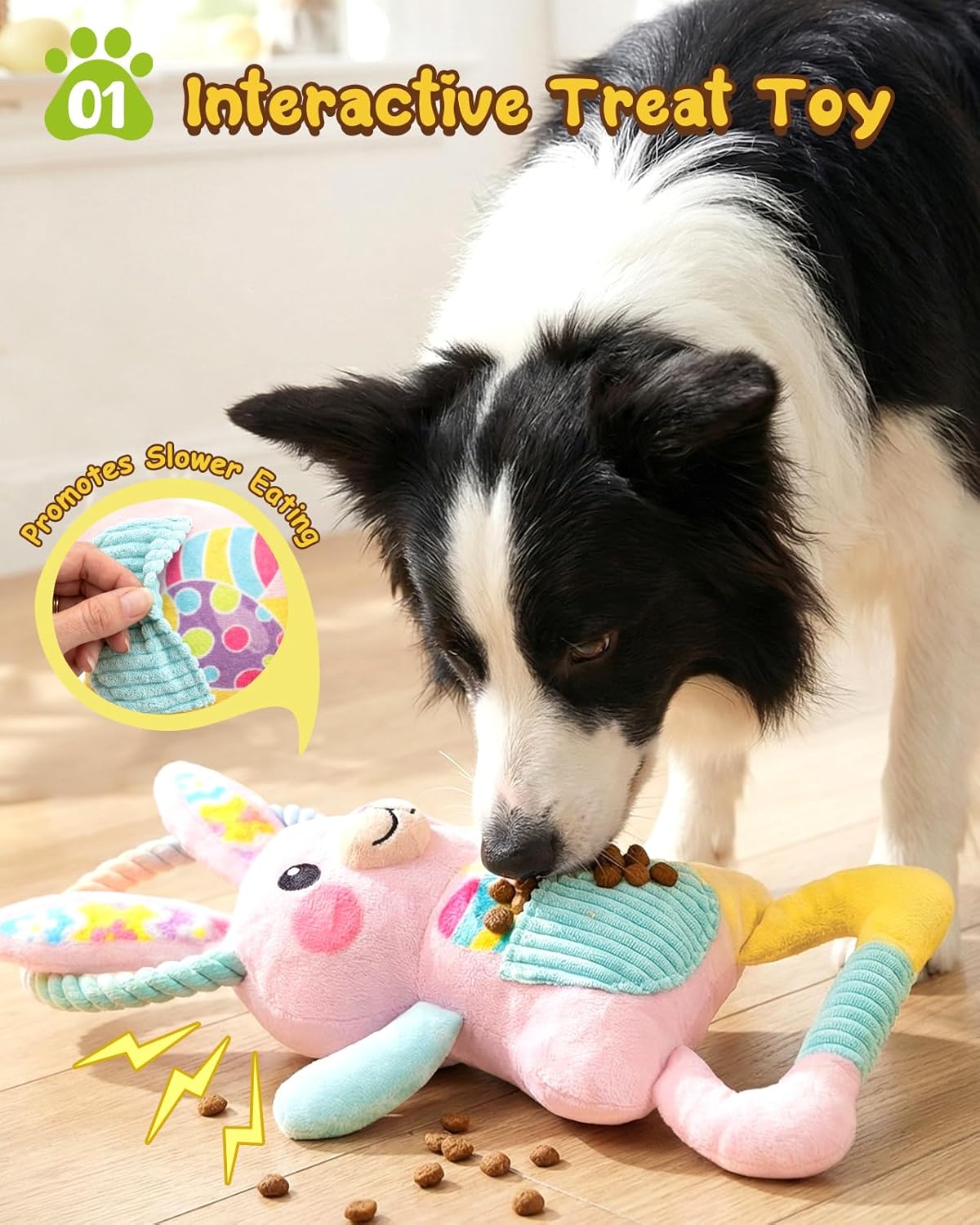 Swooflia Easter Tug of War Dog Toy - Squeaky Plush Dog Toy for Small Medium Dogs to Keep Busy, Interactive Crinkle Doggie Toy Cute Bunny with Soft Long Pull Handle (Not for Big & Aggressive Chewer)