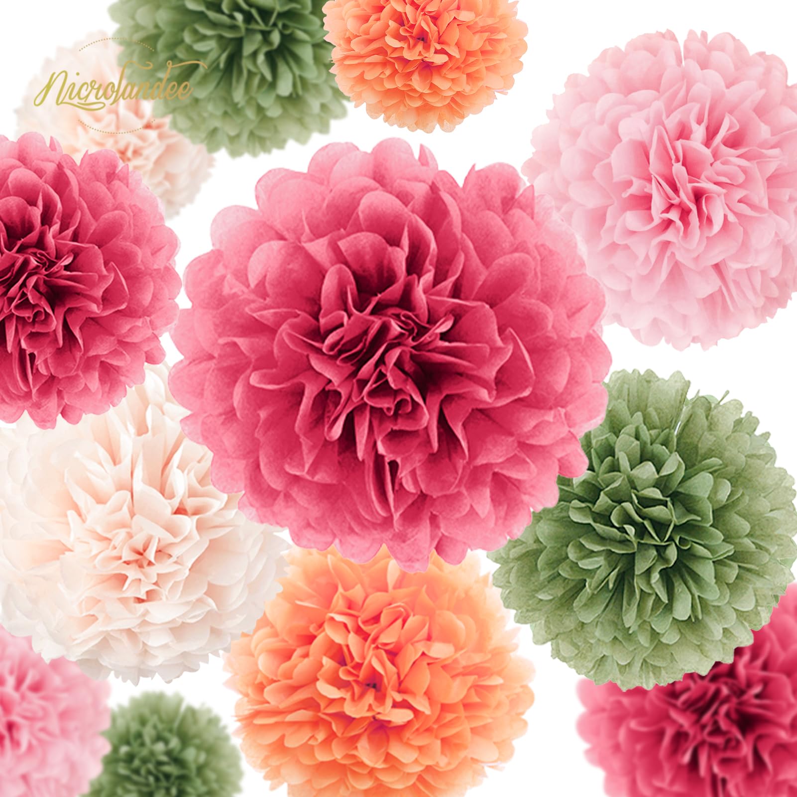 Saliegroen en roze feestdecoraties, papieren lantaarns, decoratieve roze gouden tissuepapier, pompoms, saliegroen, feestdecoraties, gouden ster slinger voor babyshower, bruidsdouche, verjaardag