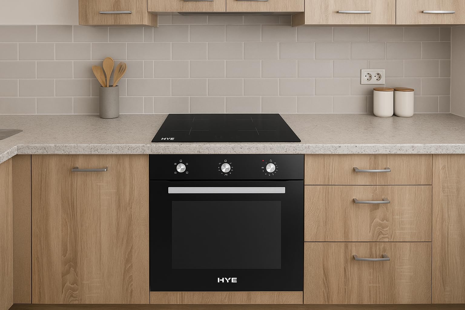 HYE Built In Electric Oven & Induction Hob - 60cm Electric Oven, 4 Zone Induction Hob, Simple & Intuitive Controls, Sleek Black Finish, Perfect For Modern Homes - C01BI60S22