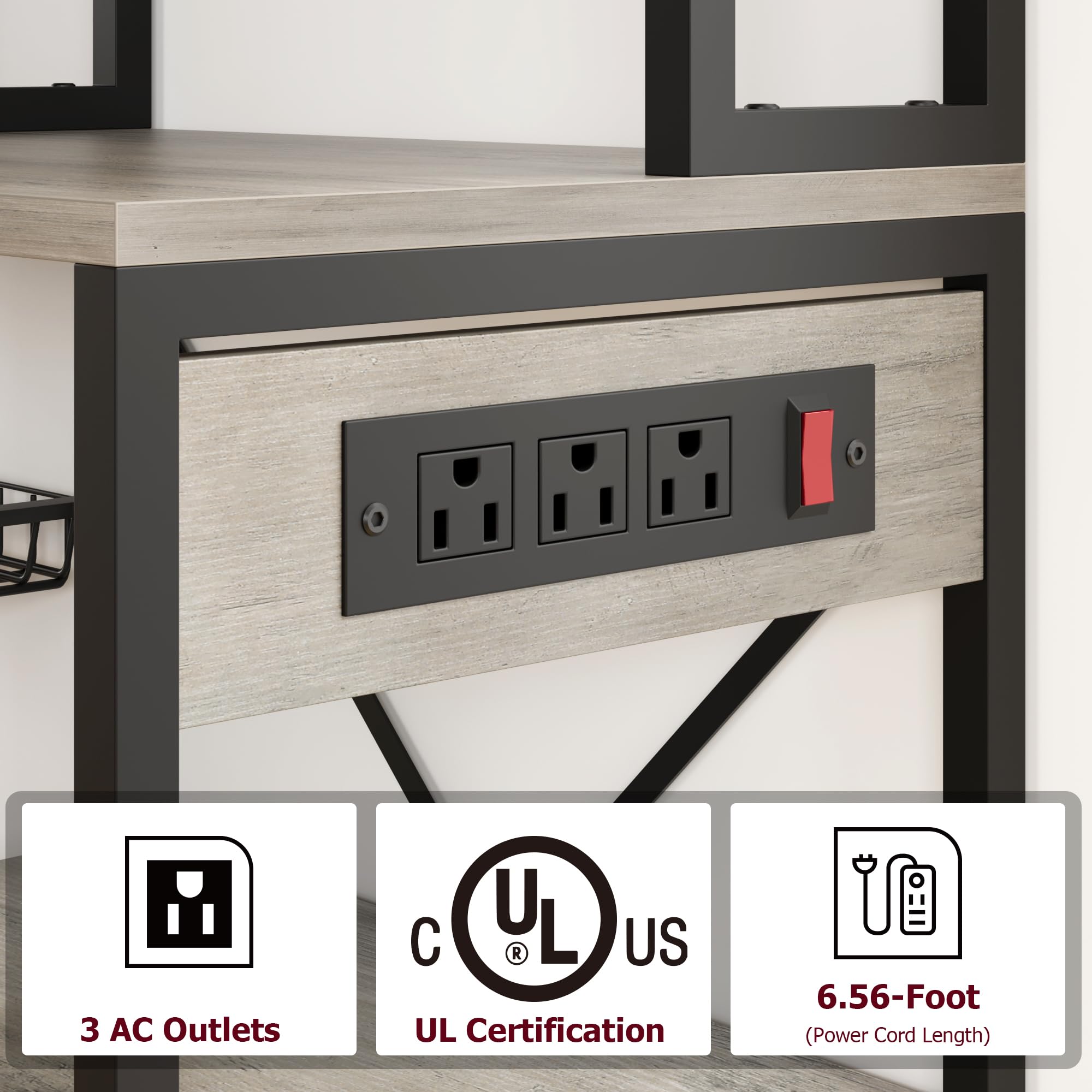 Zstar Estante De Almacenamiento De Cocina De Estilo Industrial con Enchufes y Ganchos, Múltiples Estantes, Amplio Espacio De Almacenamiento, Barra De Café, Gabinete para Microondas