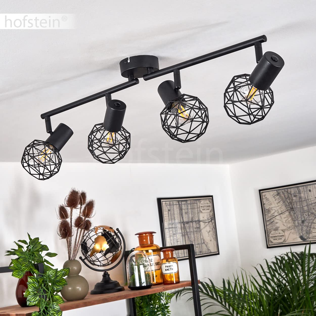 hofstein Lámpara de techo Palmira, lámpara de techo de metal en negro, 4 luces, con focos y brazos regulables, 4 x E14, diseño retro/vintage, sin bombilla(s)