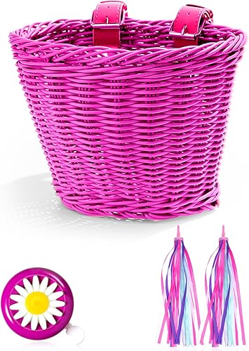 Juego de serpentinas de cesta de bicicleta para niños, cesta de mimbre para manillar de bicicleta con 2 luces LED para rueda de bicicleta,