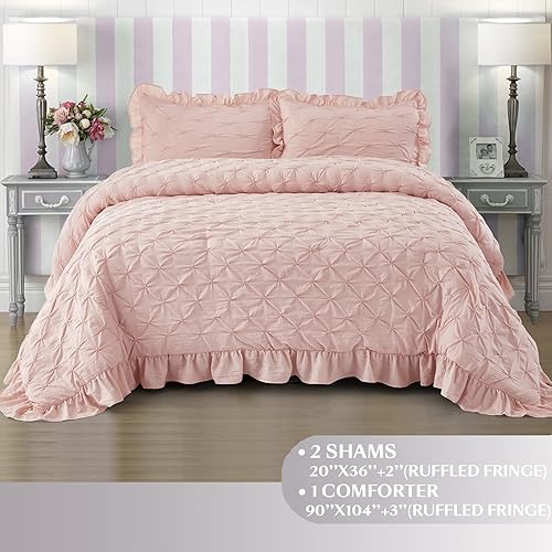 Miniatura 2 de HIG Shabby Chic Juego de edredón, tamaño King  Diseño plisado  Supersuave, hipoalergénico, prelavado, de microfibra ligera  Juego de cama de 3