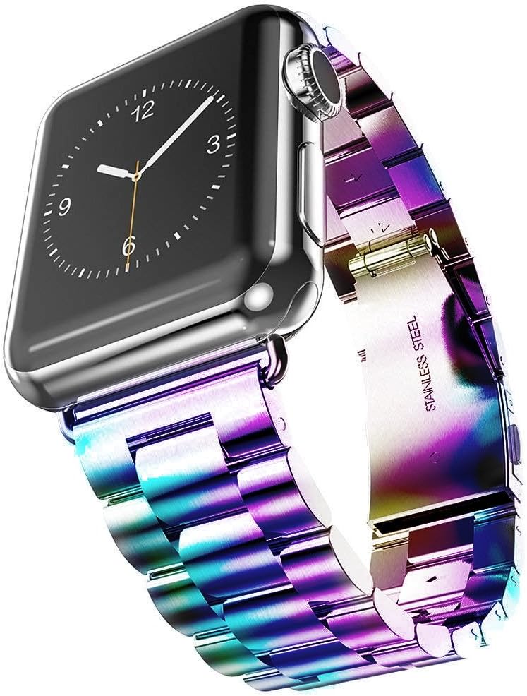 Seinit Stainless Steel Watch Band Replacement Strap Compatible with Apple Watch Series 6/5/4/3/2/1 44mm/42mm, Rainbow