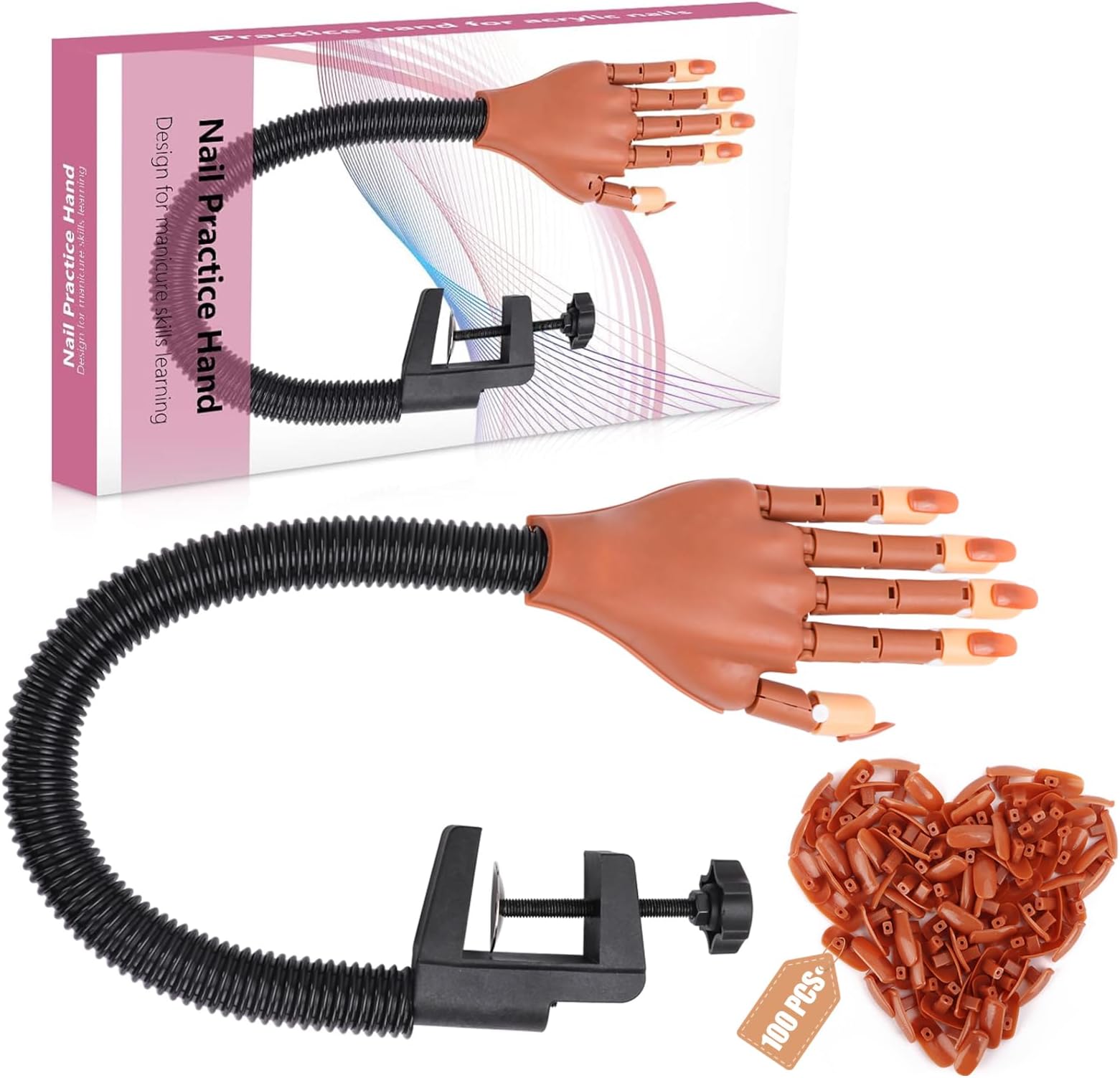 Practice Hand for Acrylic Nails, Professional Nail Practice Hand Nail Training Hand, Flexible Moveable False Fake Mannequin Hand for Nails Art Practice Display with 100Pcs Brown Fake Nail Tips