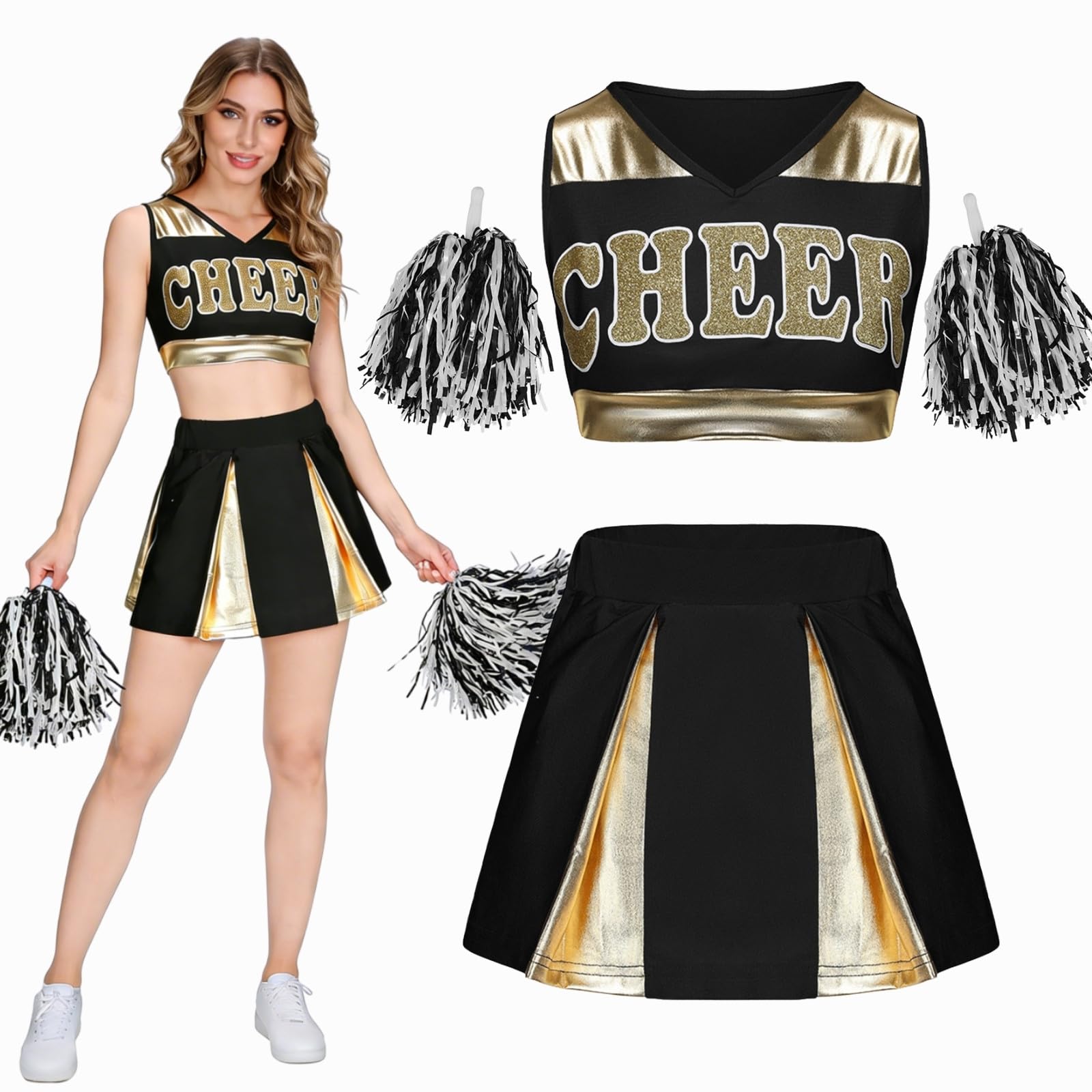 maxToonrain Women Cheerleader Costume with Shiny Gold Accents 3 PCS Adults Cheerleader Outfit with Pom Poms, Top, Skirt for 2026 High School Musical Events Halloween (Black,L)