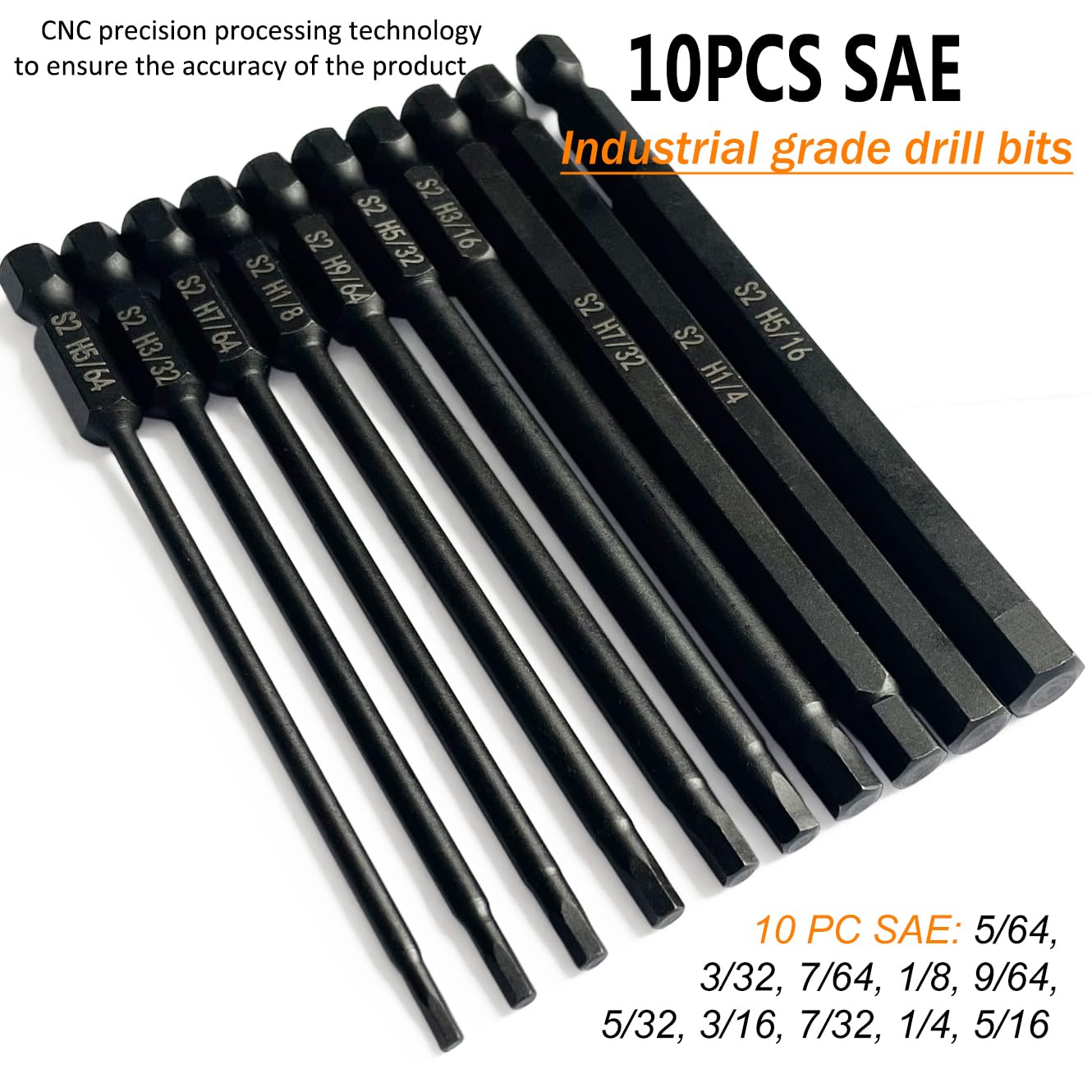 PTSLKHN Hex Shank Drill Bit Set, 10 Piece SAE Allen Wrench Bits, 4 Inch Length, S2 Alloy Steel, Magnetic (SAE)