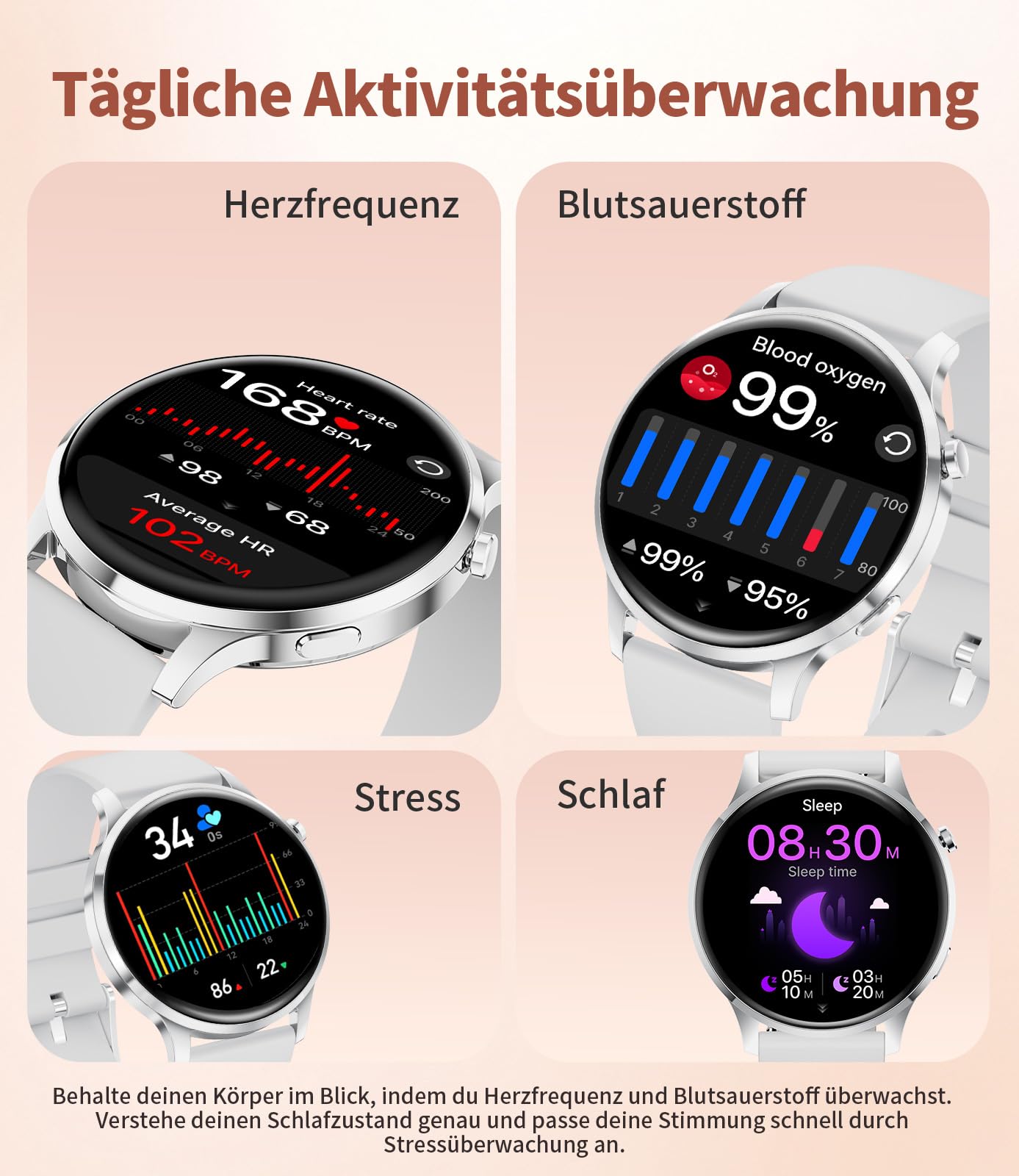 Smartwatch Damen Rund mit Telefonfunktion, 1,32'' AMOLED Fitnessuhr mit 100+ Sportmodi, Herzfrequenz/Schlafmonitor, Uhr Damen mit Whatsapp und Alexa, Elegante Armbanduhr für Samsung/iOS/Android,FV23-E