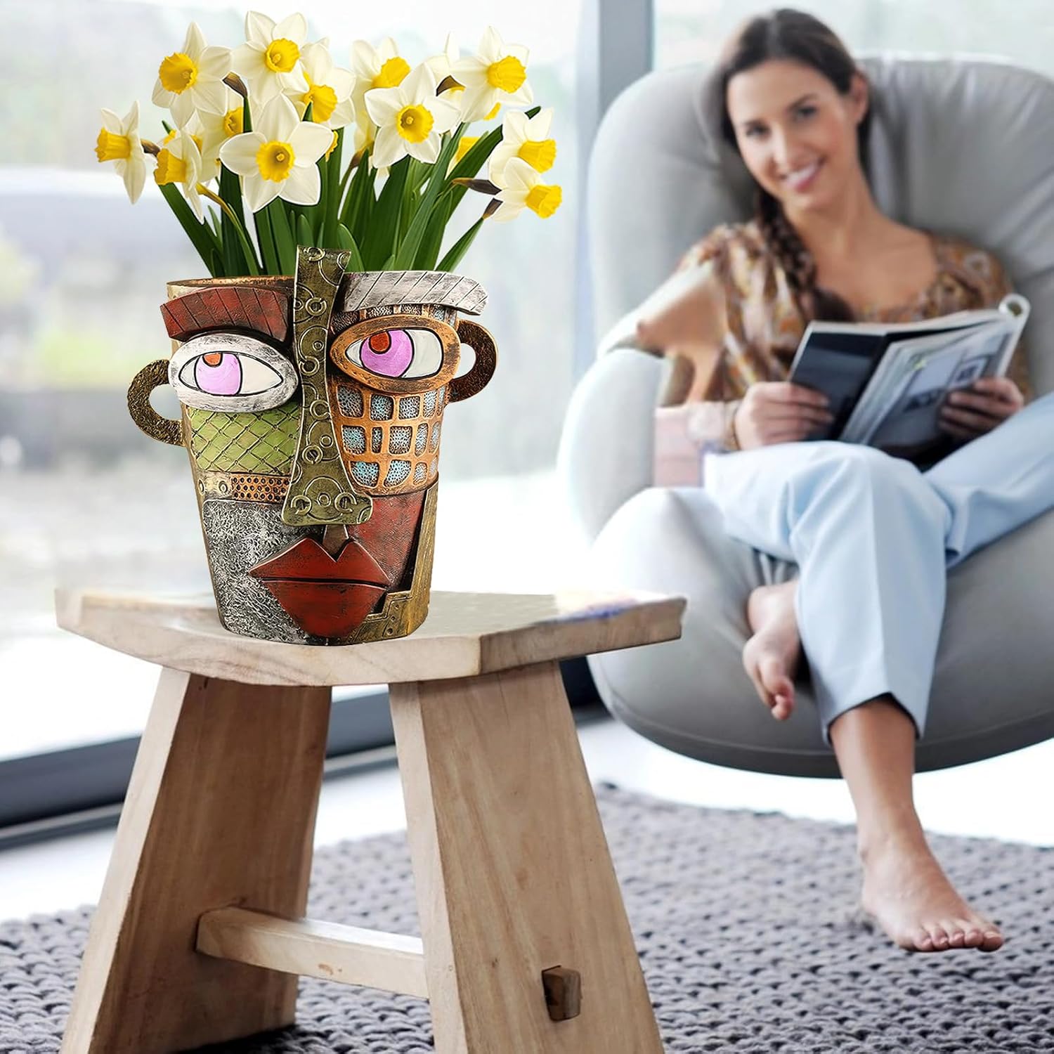 Funvalley Surperfect Brutalist Abstract Face Planter Pots, Unique Head Flower Pot for Indoor & Outdoor Plants, Funny Face Vase with Vibrant Colors, Resin Art Planter for Home & Garden Decor (Retro)