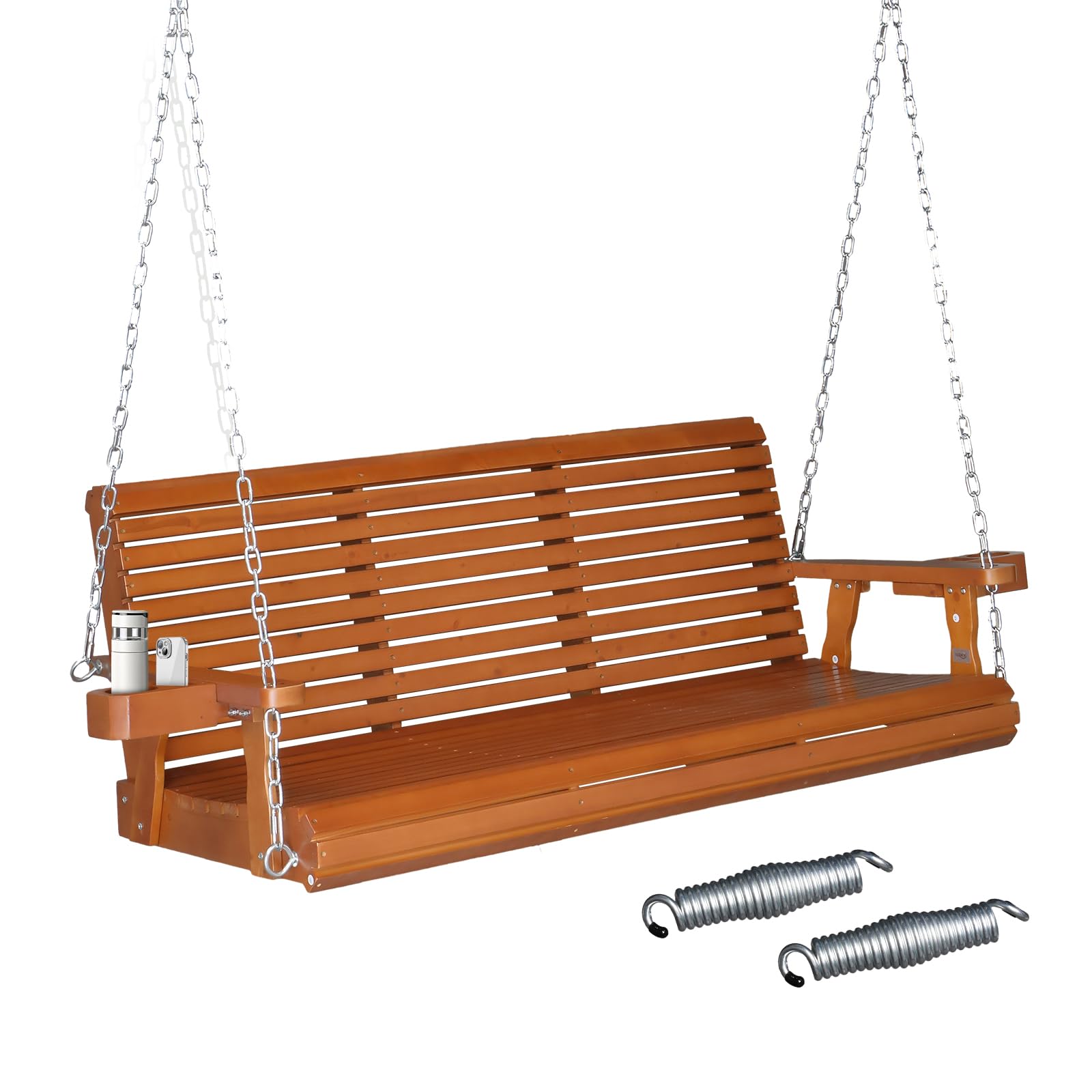 VINGLI XL Size Patio Wooden Porch Swing Outdoor with Cup Holders & Phone Slots, Heavy Duty 880 LBS Hanging Swing Chair Bench with Hanging Chains for Yard, Lawn, Garden (5 FT Pro, Brown)