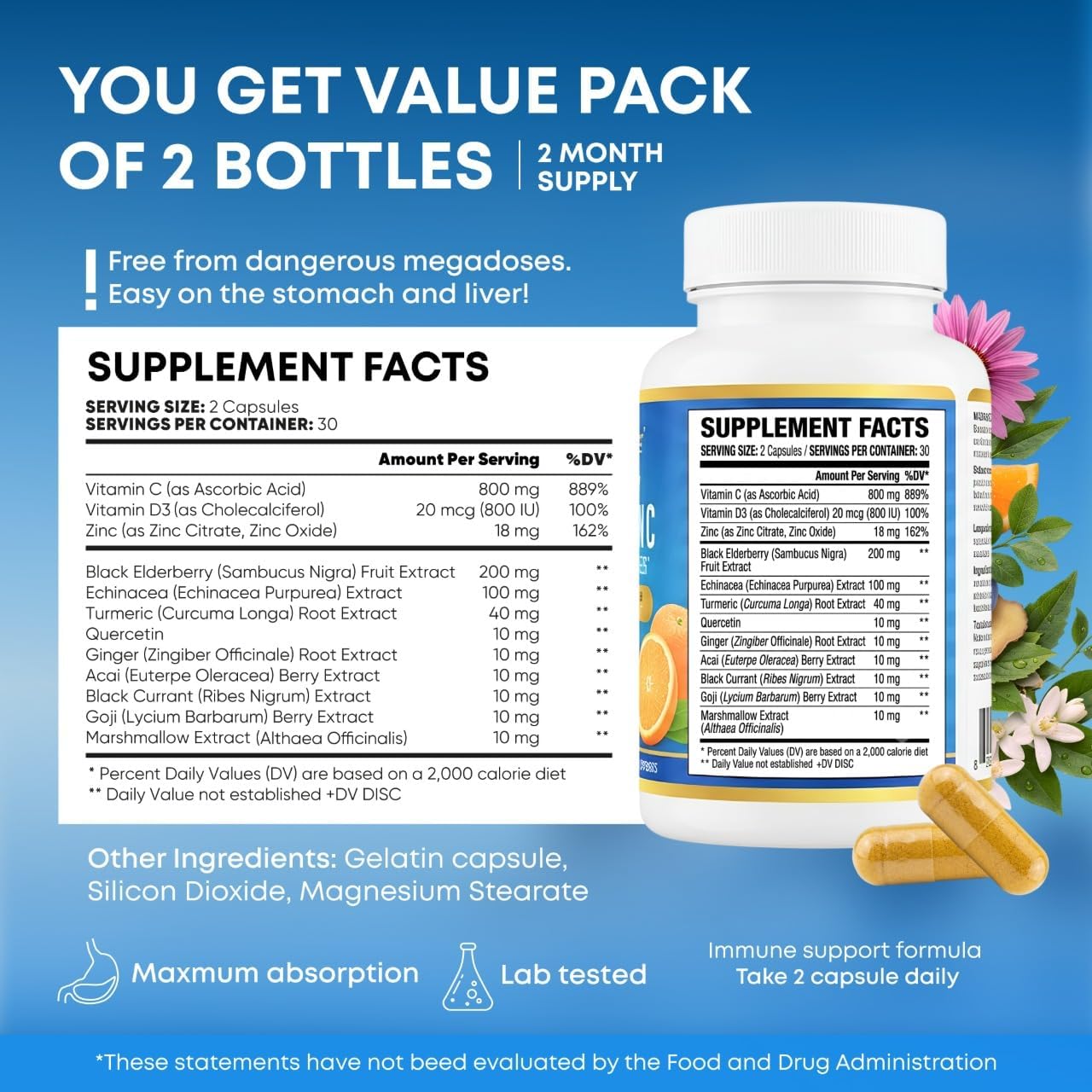 Immune Support Supplement - Turmeric, Vitamin C with Zinc, D3, Elderberry image 2
