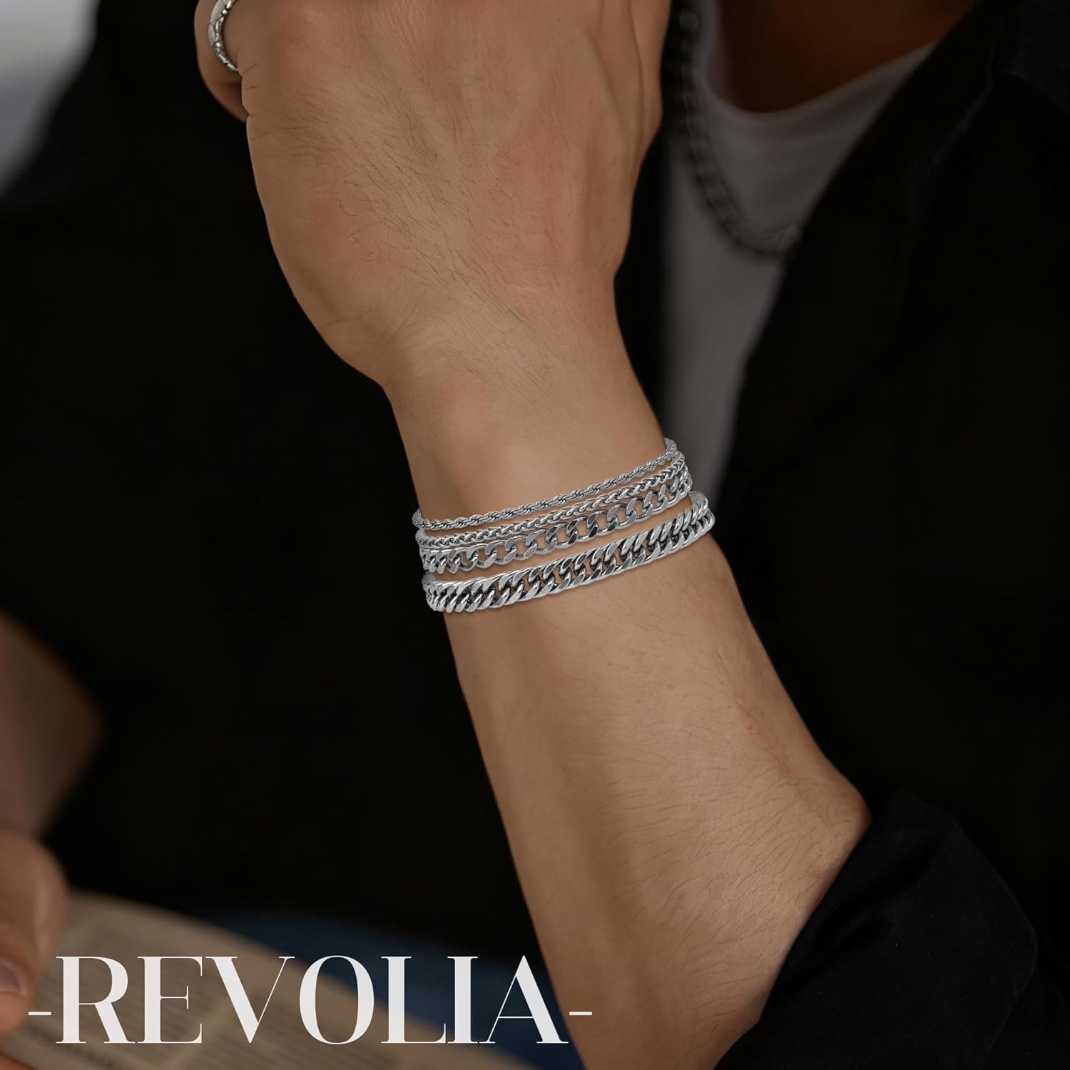 REVOLIA 8Pcs Stainless Steel Chain Bracelets for Men Women Cuban Link Bracelets Paperclip Figaro Rope Chain Bracelets Set 6.8-9 Inches - Image 5