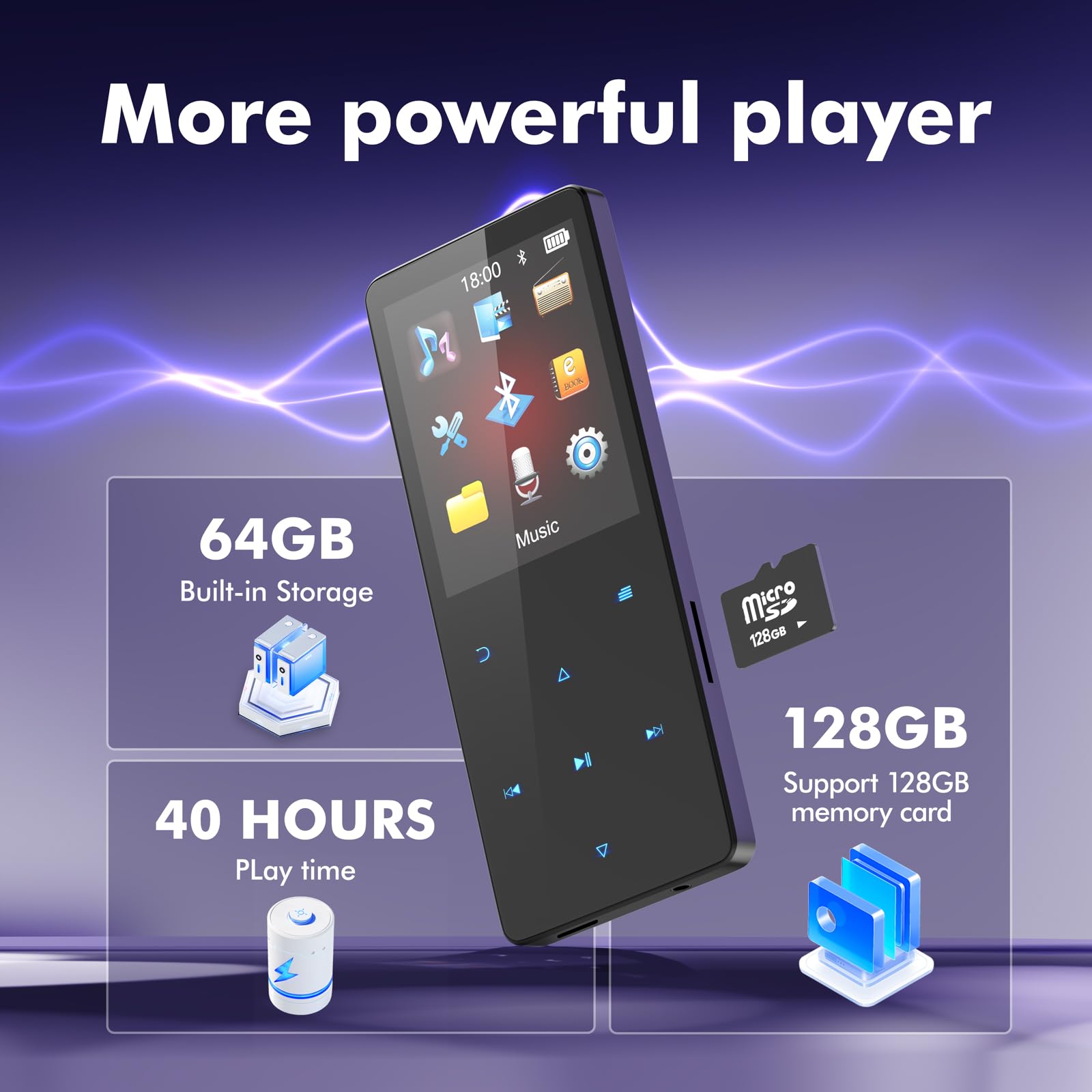 64 GB Lettore MP3 Bluetooth 5.3 Lettore MP3 musicale bambini lettori mp3 portatile Ottimo per sport, radio FM, immagini, registrazioni, e-book, contapassi, qualità audio HIFI lettore mp4