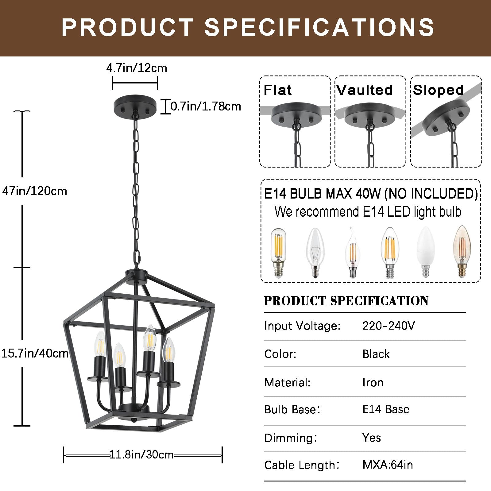 Lampadario Lanterna Industrial Metallo,Lampada A Sospensione Nero Altezza Regolabile,Lampadari Con E14 X 4 Candeliere,Luce A Sospensione Rustico In Stile Fattoria Per Soggiorno,Camera Da Letto,Cucina