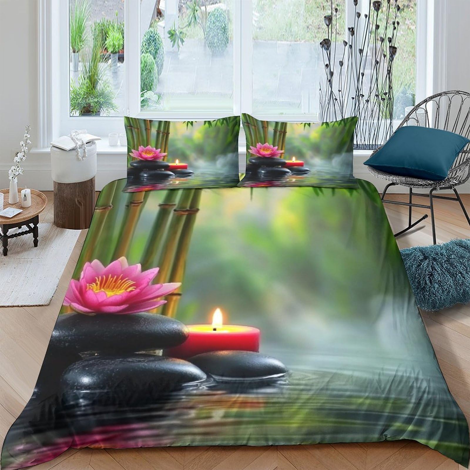 GPLZQXKJNH 3D Printed Zen Lotus Candle Duvet Cover Microfiber Soft Breathable Spa Stones Bedding Set with 2 Pillowcases for Bedroom Decor Single（135x200cm）