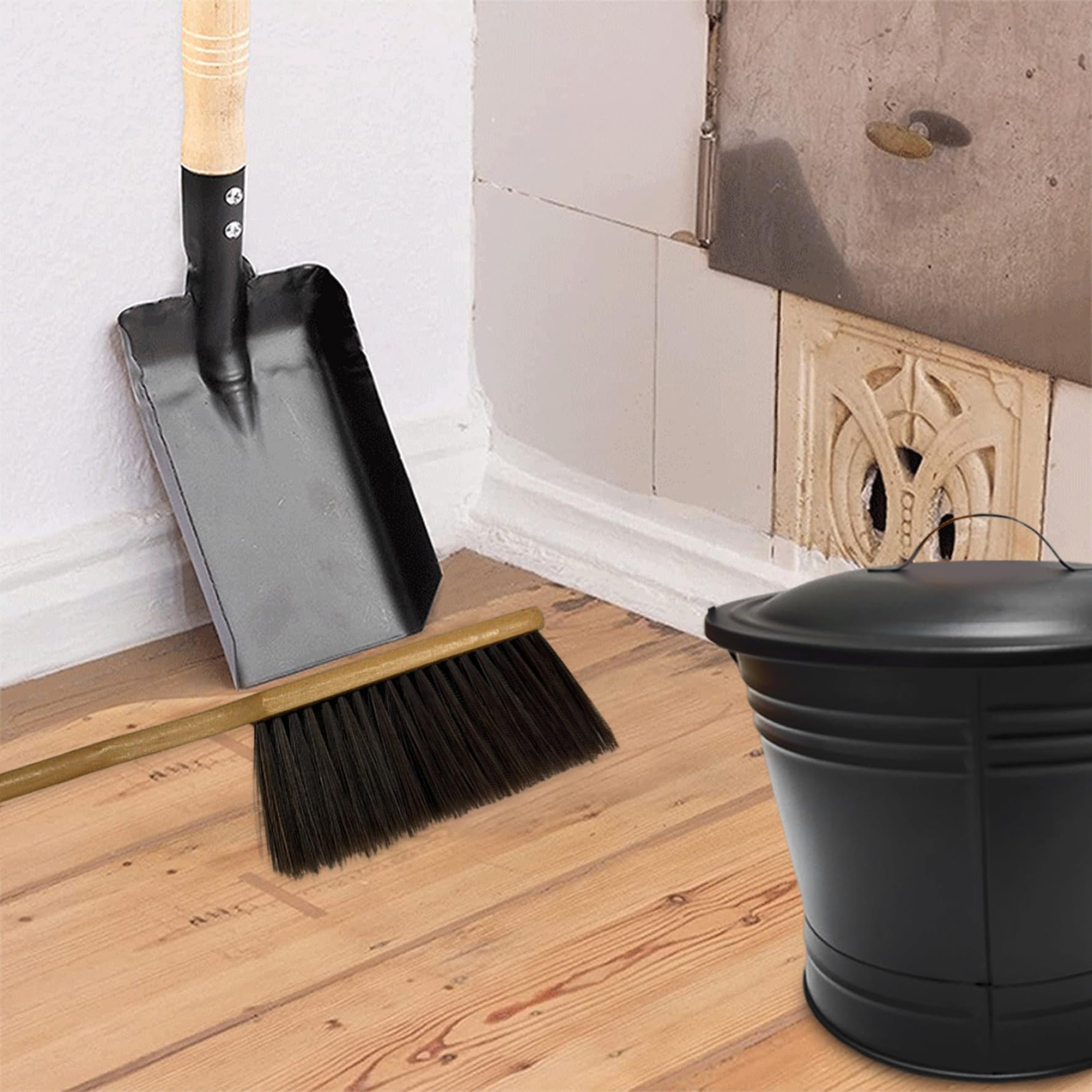 Secchio per cenere 3 pezzi/set Secchio per cenere resistente al fuoco per carichi pesanti con coperchio, scopa e pala per camino - con coperchio e pala