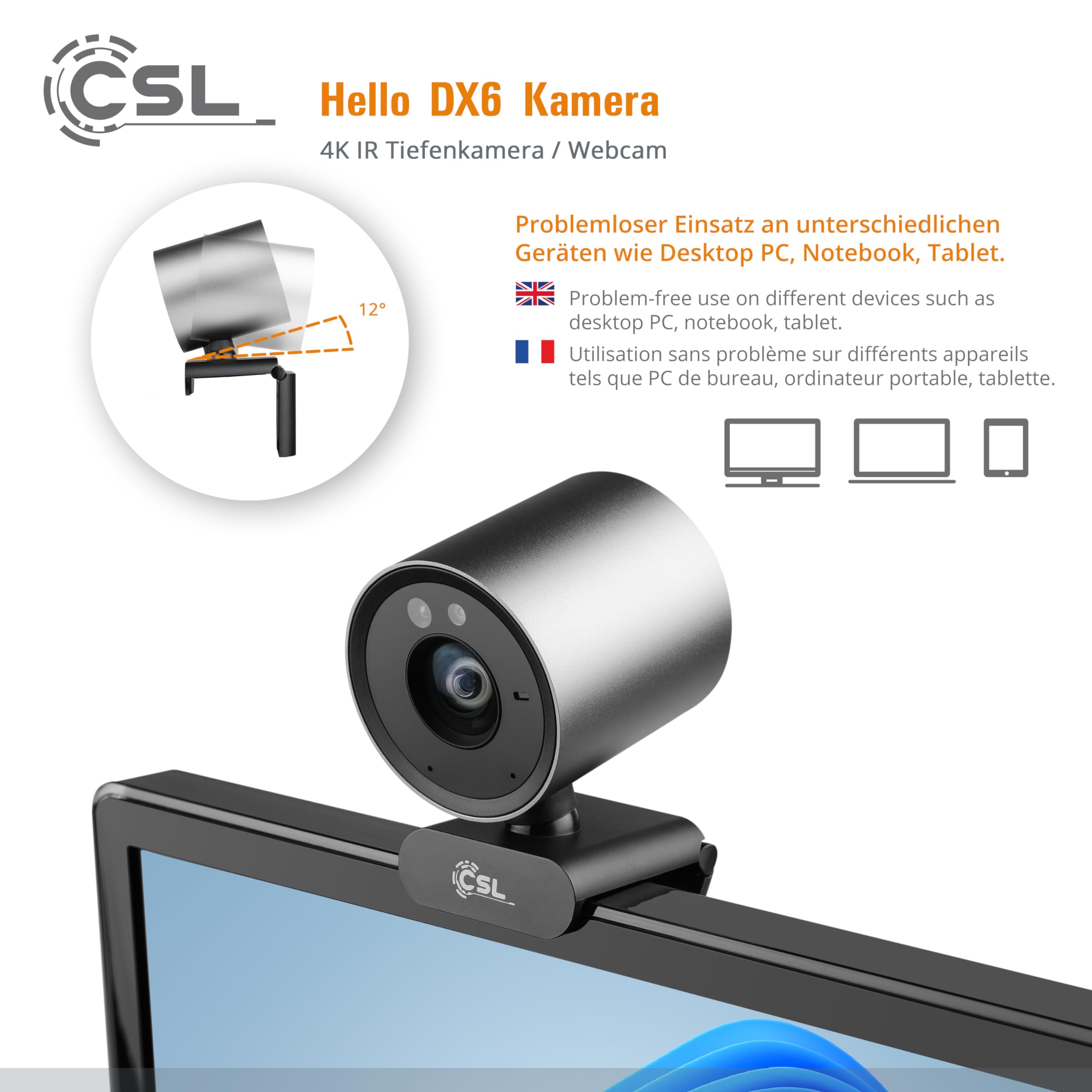 CSL Hello DX6 - Cámara web para Windows Hello DX6, cámara infrarroja profunda, 3840 x 2160 @ 30 Hz, micrófono integrado, videochat, 4K, reconocimiento facial, Windows 11 Hello Login