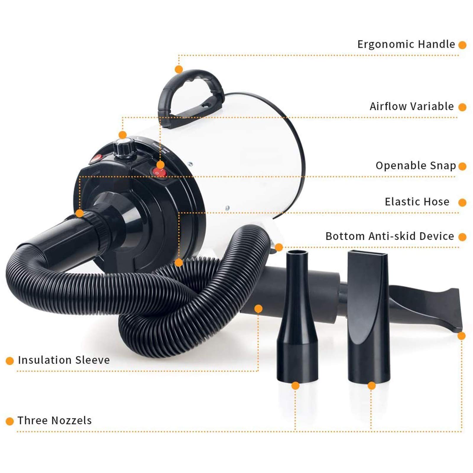 Séchoir Sèche-Poils Toilettage pour Chiens Chats Animaux 2400W Stepless Vitesse Réglable Soufflant Machine De Toilettage avec Chauffage avec Tuyau, 3 Buses en Option
