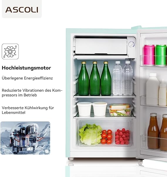 Retro Fridge with Freezer Small 85 L (77 + 8 L) Mini Vintage Freezer Combination Freestanding Freezer Green Quiet Mechanical Control LED Lighting [Energy Class E]